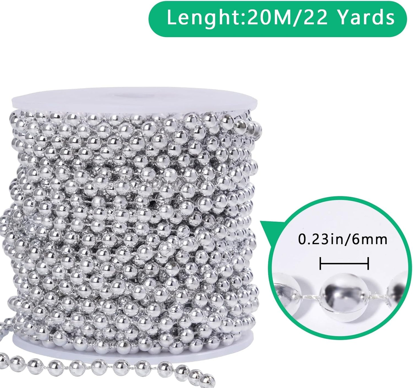 Faux Silver Pearl Beads Garland - 6mm Christmas Tree Beads 22 Yards Spool Pearl String Roll for Wedding Party Christmas Tree Decoration