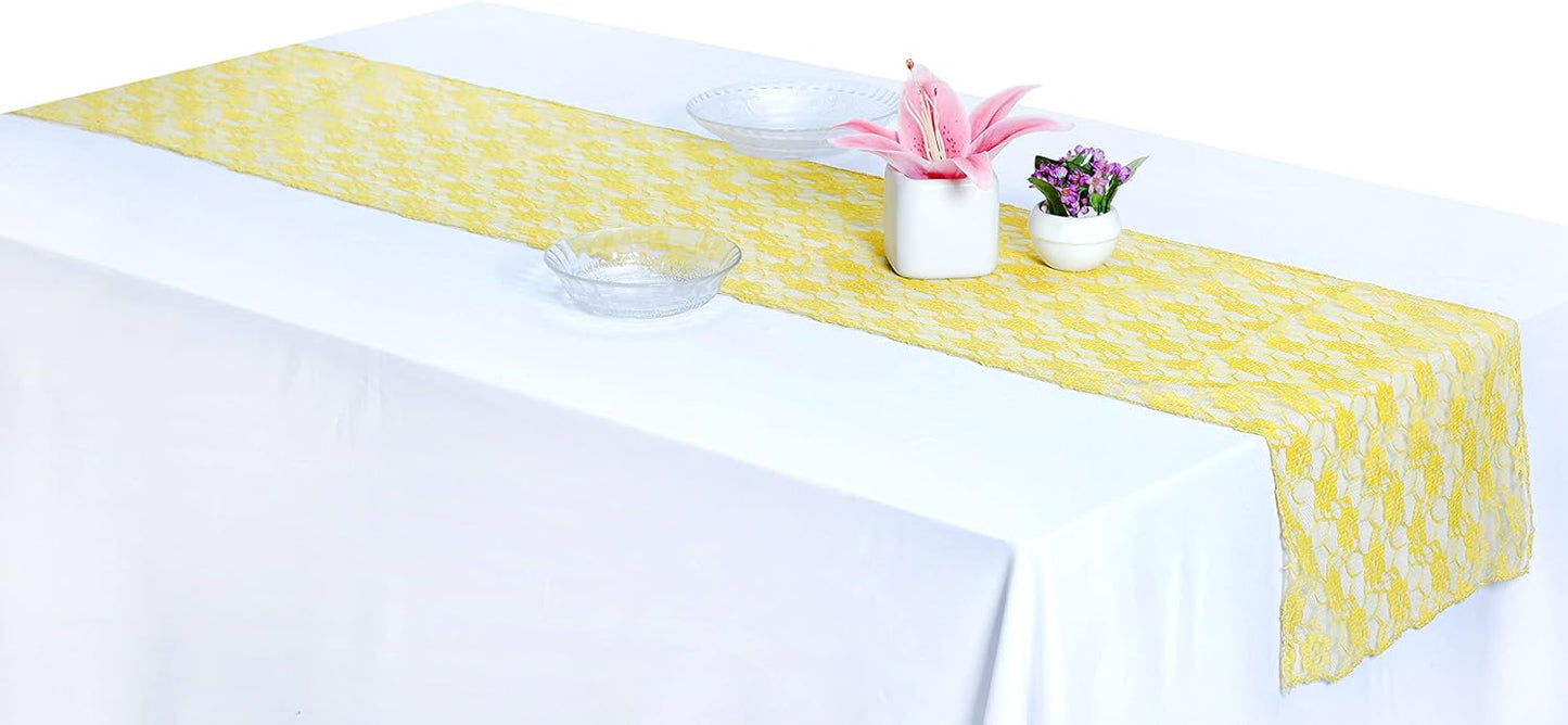 MDS Pack of 20 Wedding 12 x 108 inches Lace Table Runner for Wedding, Decorations for Birthday Parties, Banquets, Graduations, Engagements, and Runners fit Rectangle, Round Table- Yellow