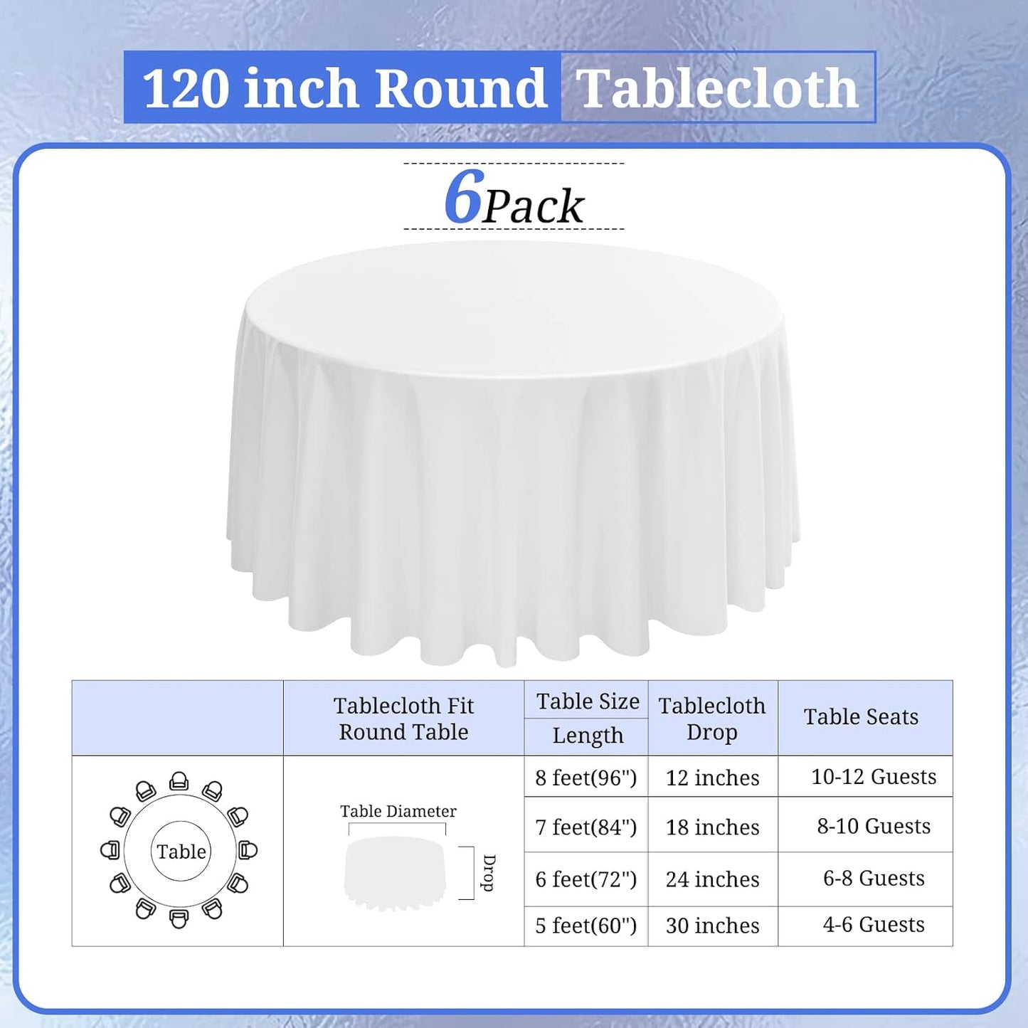 6 Pack Round Tablecloths - 120 Inch, White Polyester Table Cover, Stain and Wrinkle Resistant Washable Fabric Table Cloth, Polyester Tablecloth for Wedding Banquet Parties