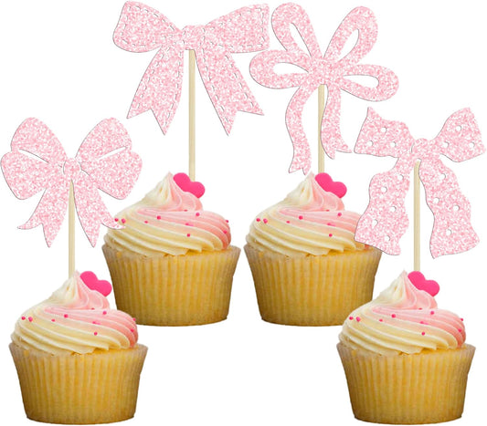 Ephlyn 24Pcs Light Pink Bow Cupcake Toppers - Bowknot Cupcake Decorations for Bridal, Baby Shower, Wedding Themed Party