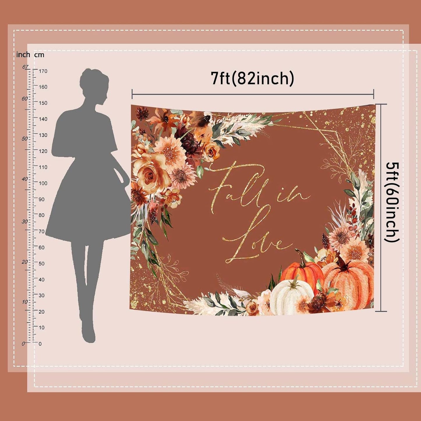 Mocsicka Fall in Love Bridal Shower Backdrop Boho Autumn Leaves Pumpkin Bride Shower Background Terracotta Flower Pampas Grass Wedding Party Banner Decoration (Terracotta, 10x8ft(120''x96''))