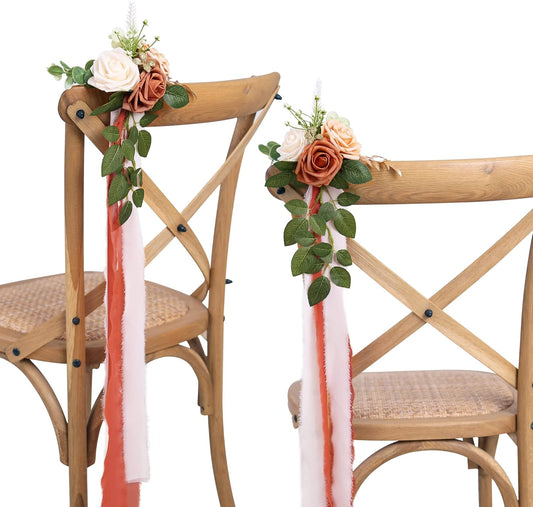Wedding Aisle Decorations for Wedding Ceremony Set of 10 Pew Flowers for Church Chair Decorations Party Decor with Artificial Flowers Eucalyptus and Ribbons Terracotta