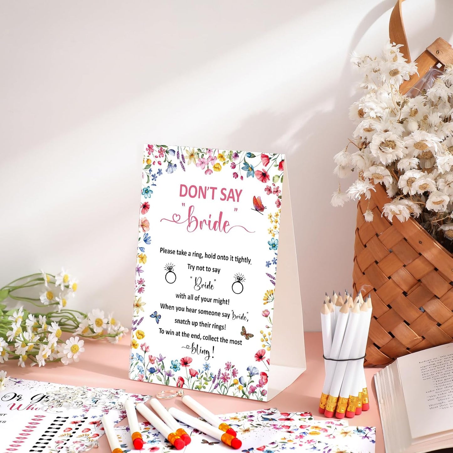 Estune 331 Pcs Bridal Shower Games Supplies, 5 Sets 250 Pcs Wedding Cards 1 Put a Ring on It Bridal Shower Games with 60 Rings and 20 Pencils(Wildflower Style)