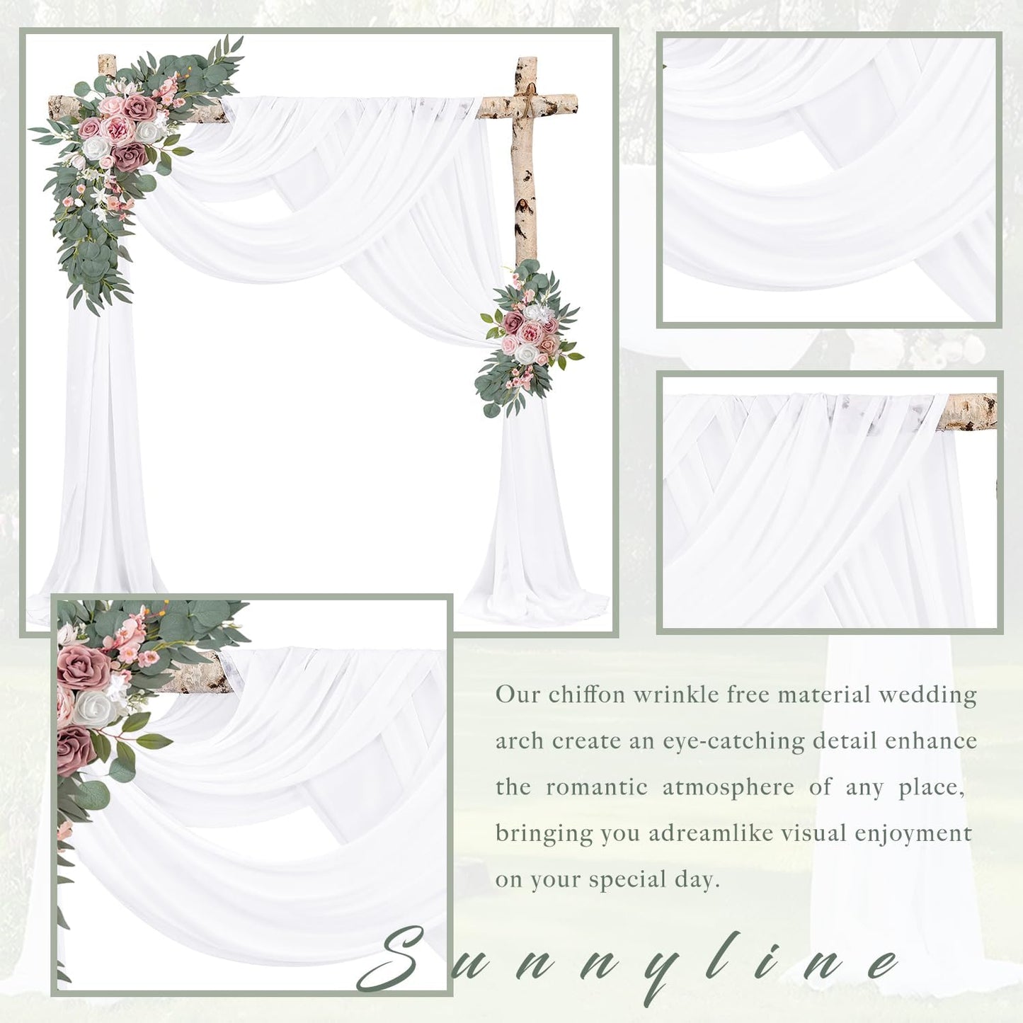 Wedding Arch Draping Fabric 2 Panels 20Ft Length x 28" Width White Arch Drapes Chiffon Fabric Sheer Curtains Backdrop for Party Bridal Decorations Wedding Ceremony Ceiling Stage Reception Decor