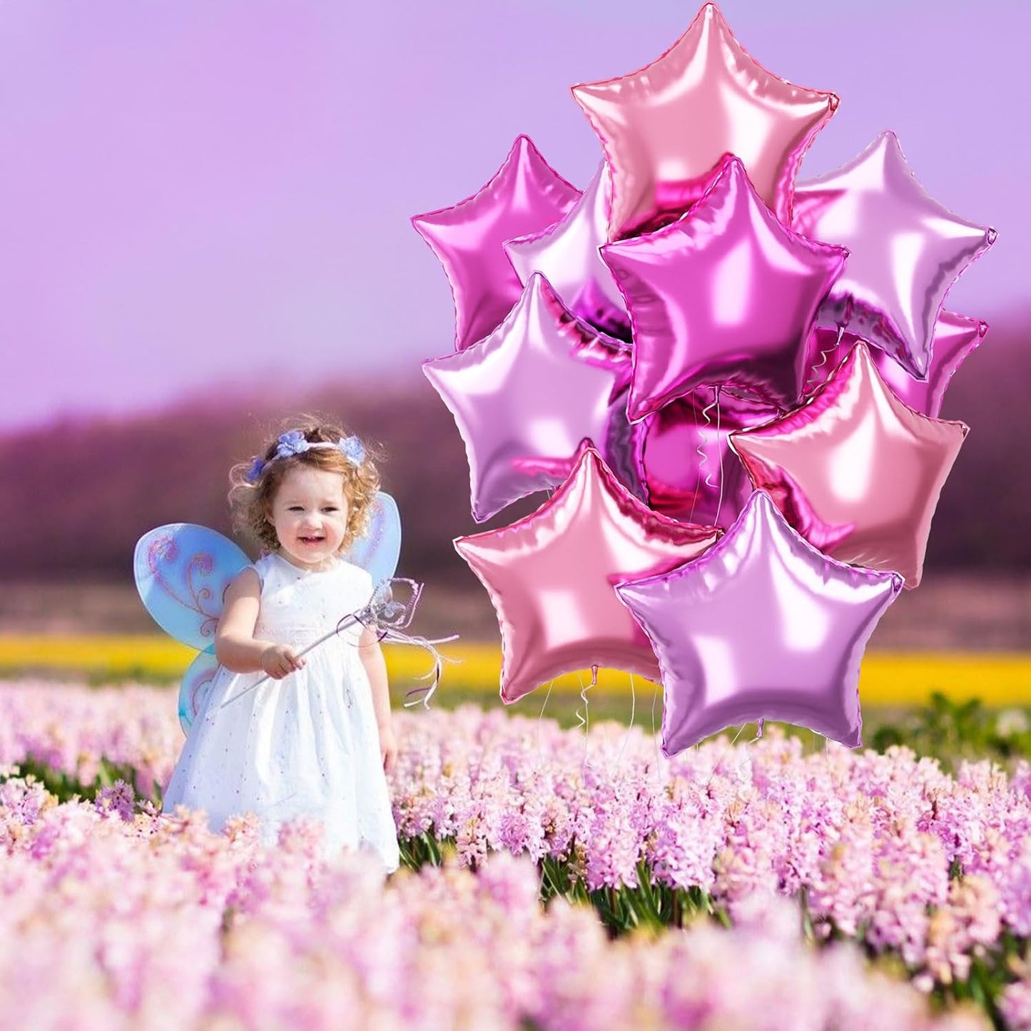 Purple Pink Star Foil Balloons Set, 18 Inch 12 Pcs Lavender Pink Pentagram Aluminum Foil Balloons Hot Pink Purple Stars Shape Mylar Helium Balloons for Girls Women Birthday Wedding Baby Shower