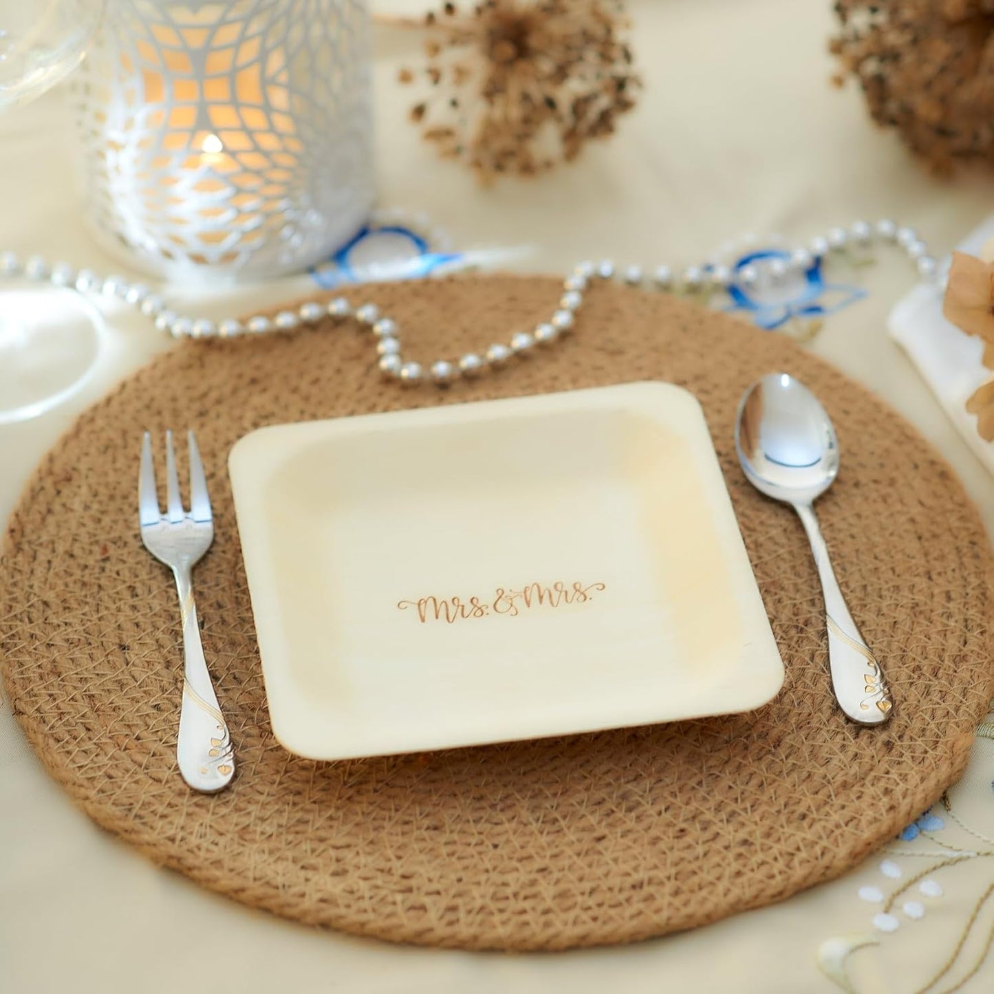 Mrs. and Mrs. Disposable Wedding Plates – Rustic, Compostable Alternative to Plastic Plates for Wedding Receptions, Engagement Parties, and Rehearsal Dinners (Appetizer, 50-Pack)