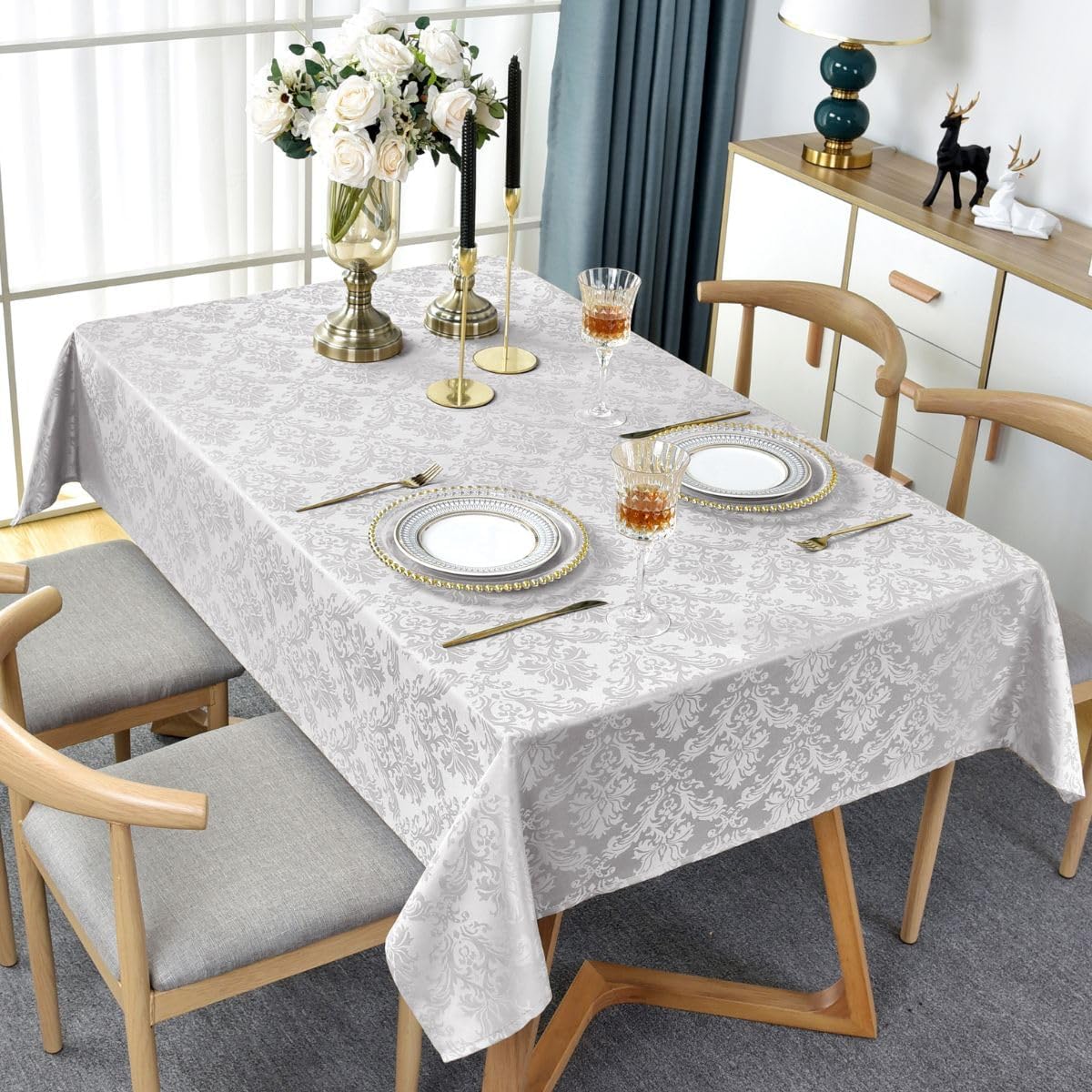 SASTYBALE Jacquard Rectangle Tablecloths for Tables, Water Proof & Stain Resistant Polyester Table Cover for Dining Room, Farmhouse Decoration, 60 x 102 Inch Grey