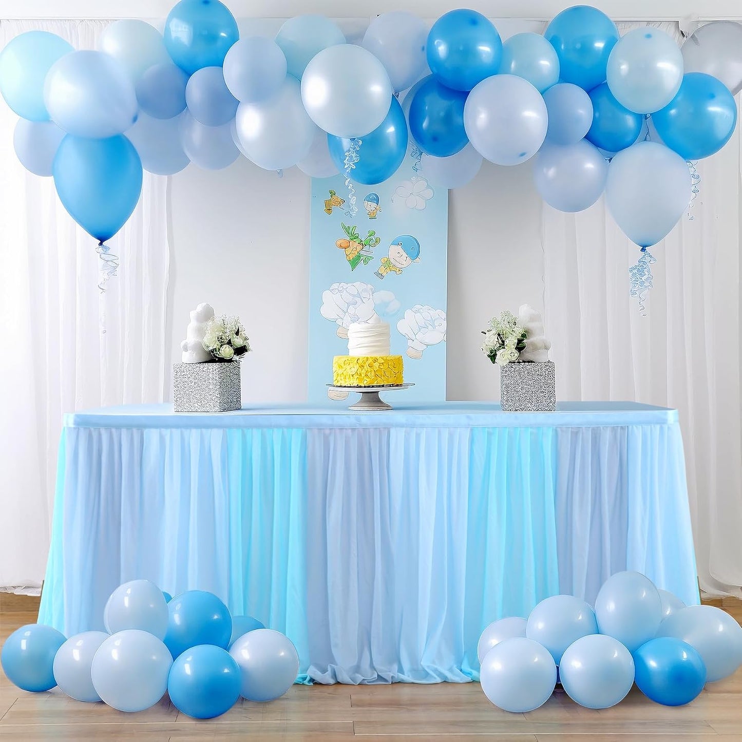 Frozen Theme Party Tulle Table Skirt for Rectangle Tables 6ft Ocean Blue Ruffle Tutu Table Cloth Cover for Winter Wonderland Baby Shark Baby Shower Birthday Party Wedding Decorations