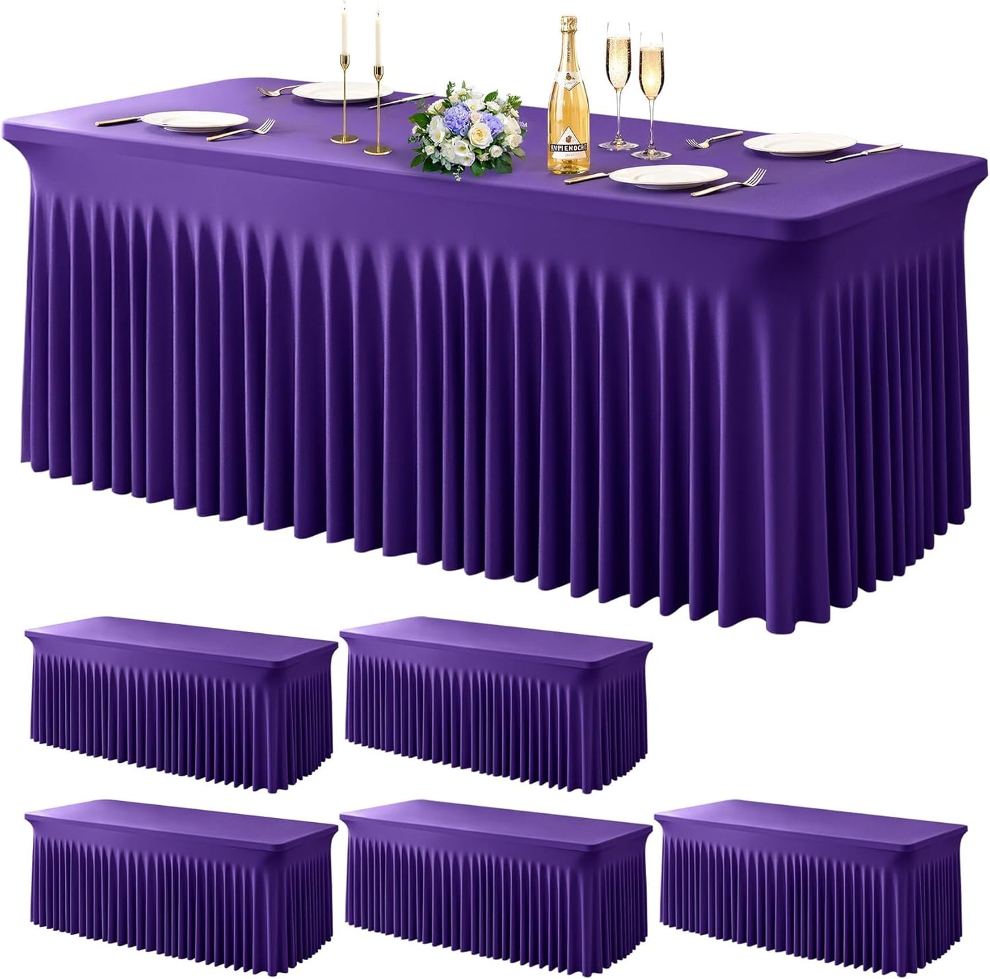6 Pack Dark Purple Spandex Table Clothes for 8 Foot Rectangle Tables, 8FT Wrinkle Free Fitted Tablecloths Ruffles Design Table Cover for Party, Banquet, Wedding and Events