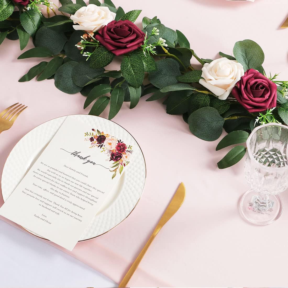 ponatia 6.5FT Handcrafted Artificial Rose Flower Garland, Eucalyptus Greenery Garland for Wedding Ceremony Garlands Backdrop Arch Flowers, Reception Table Decorations (Burgundy & Ivory Cream)