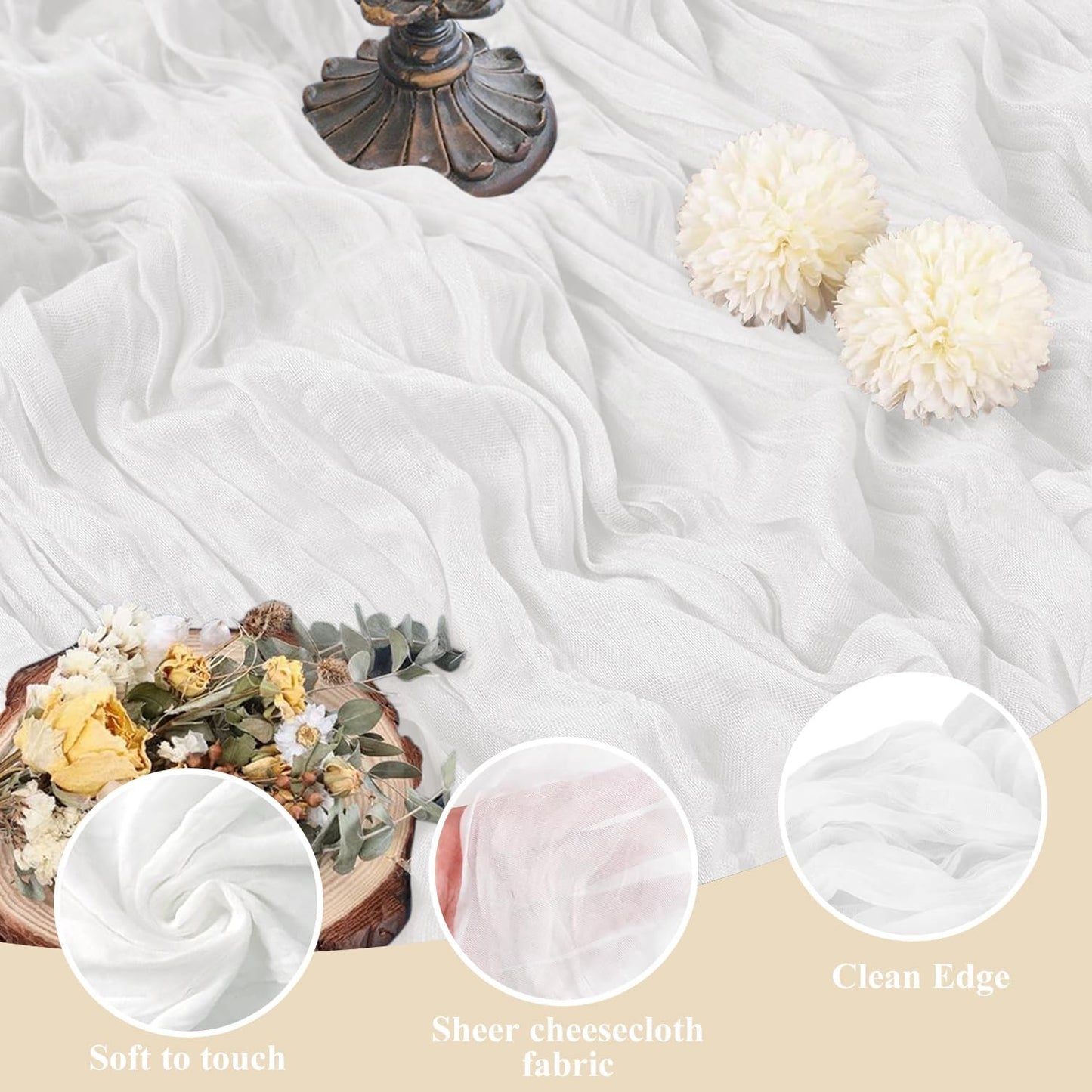 Asee'm 3pcs Cheesecloth Table Runner 120 Inches Long Ivory Boho Gauze Cheese Cloth Runner 10FT Rustic Sheer Table Runners for Christmas Wedding Party Baby Shower Spring Easter Decoration