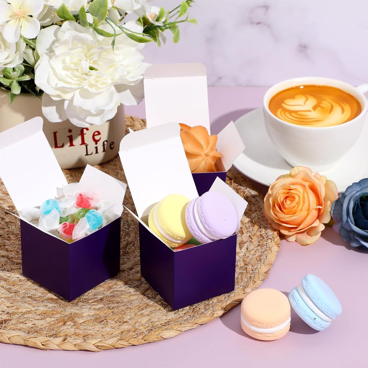 Jutom 100 Pcs Mini Favor Boxes Extra Small Candy Boxes Paper with Gold Ribbon for Christmas Thanksgiving Day Birthday Wedding Anniversary Supplies(2 x 2 x 2 Inch,Purple)