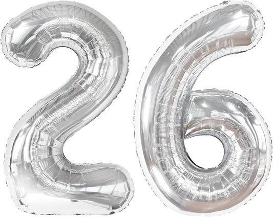 40 Inch Silver Mylar Foil Number 26 Birthday Balloon, Digital Balloons for 26 Boy Girl Party Decorations Supplies, Big Helium Balloon Numbers for 26 62 Men Women Anniversary