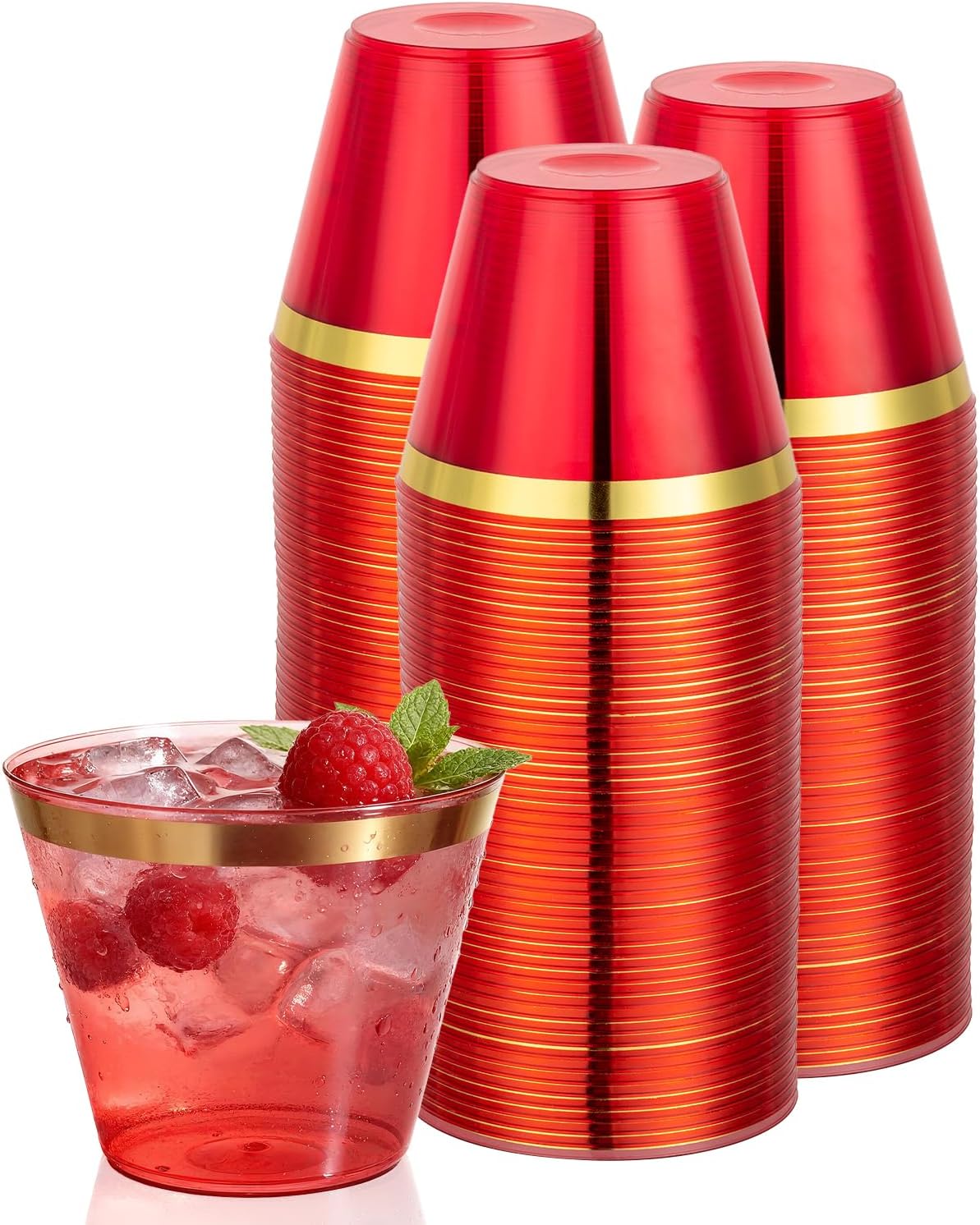 Goodluck 50PCS 9oz Red and Gold Plastic Cups for Party, Disposable Gold Rim Cups, Plastic Cocktail Glasses for Wedding Thanksgiving, Christmas, and Parties
