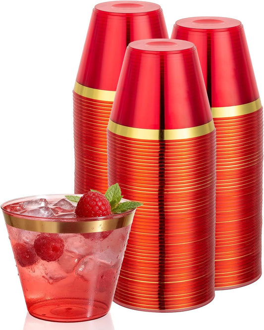 Goodluck 50PCS 9oz Red and Gold Plastic Cups for Party, Disposable Gold Rim Cups, Plastic Cocktail Glasses for Wedding Thanksgiving, Christmas, and Parties