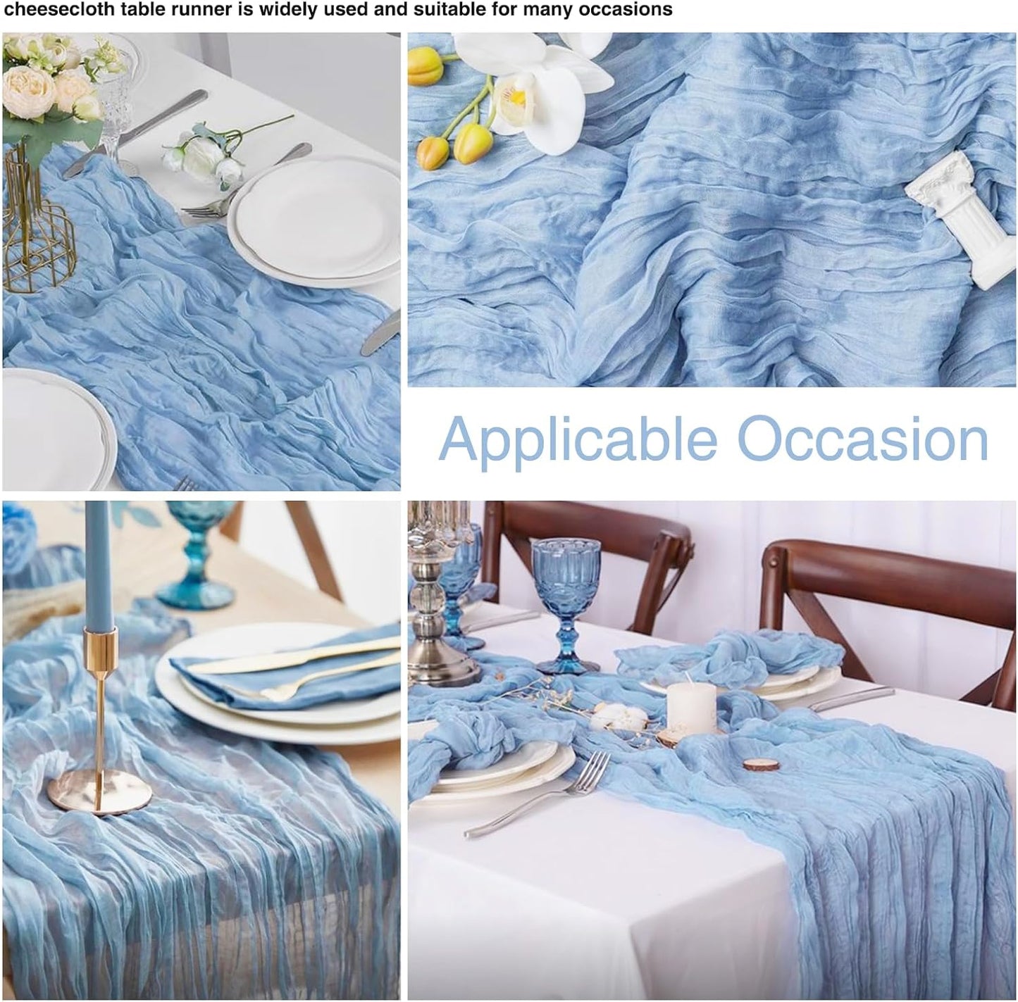 12 Pack Light Blue 10 Ft Cheesecloth Table Runner 20x120 Inch Boho Wrinkled Sheer Romantic Gauze Decor for Wedding, Bridal Shower, Birthday Party