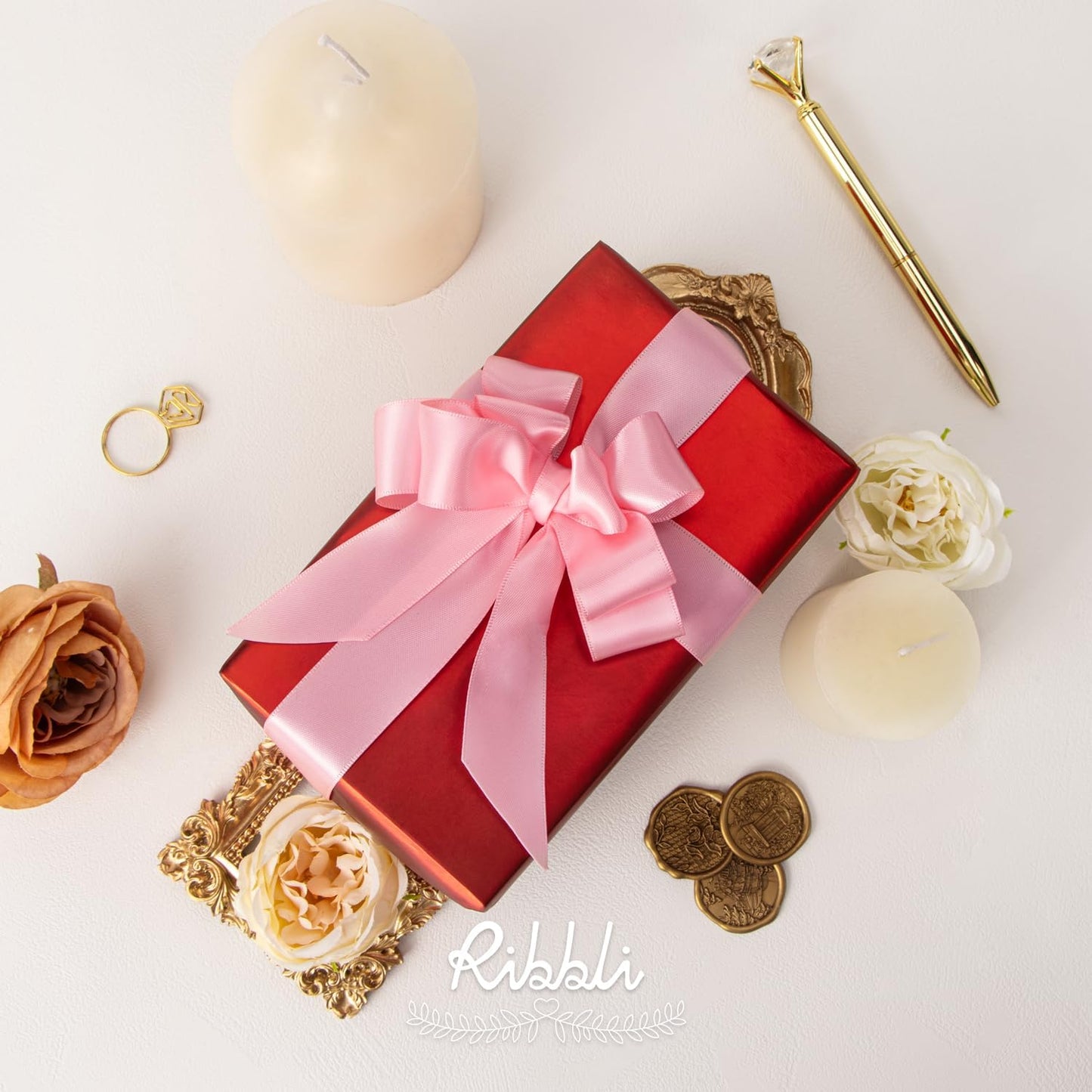 Ribbli Double Faced Pink Satin Ribbon,1” x Continuous 25 Yards,Use for Bows Bouquet,Gift Wrapping,Baby Shower,Floral Arrangement