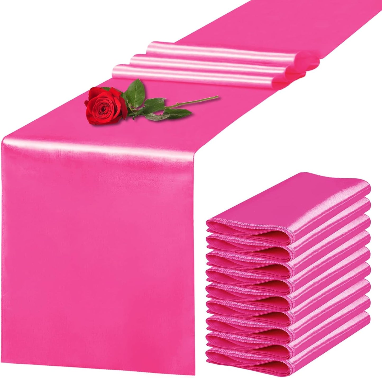 10 Pack Satin Table Runner 12 x 108 Inch Long Fuchsia Silk Table Runner for Wedding Party Banquet Birthday Decoration