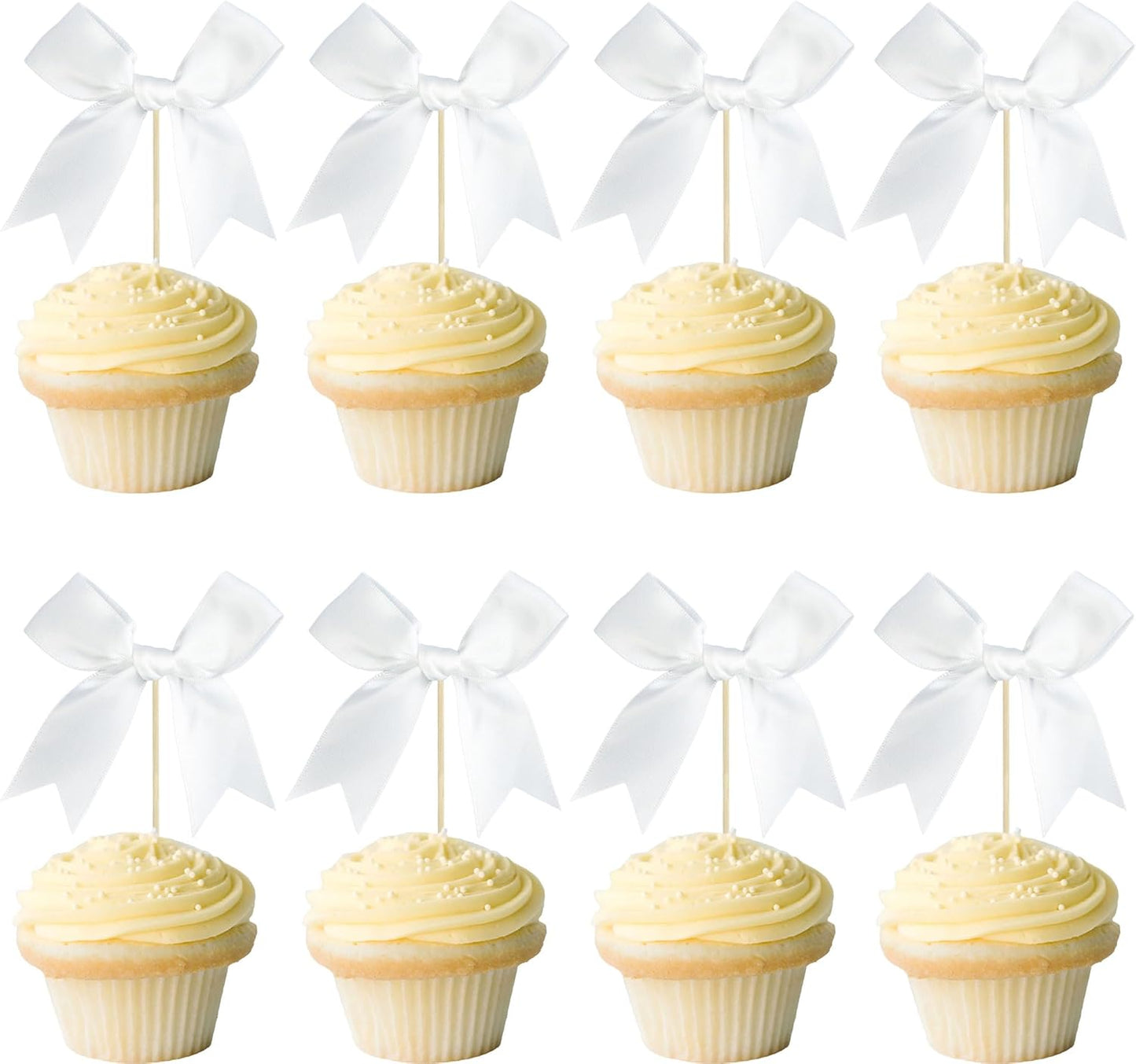 Gyufise 24Pcs Bow Cupcake Toppers Coquette Bow Girls Birthday Cake Decorations Bowknot Cake Toppers Bowknot Cupcake Picks for Baby Shower Birthday Wedding Bridal Engagement Party Supplies White