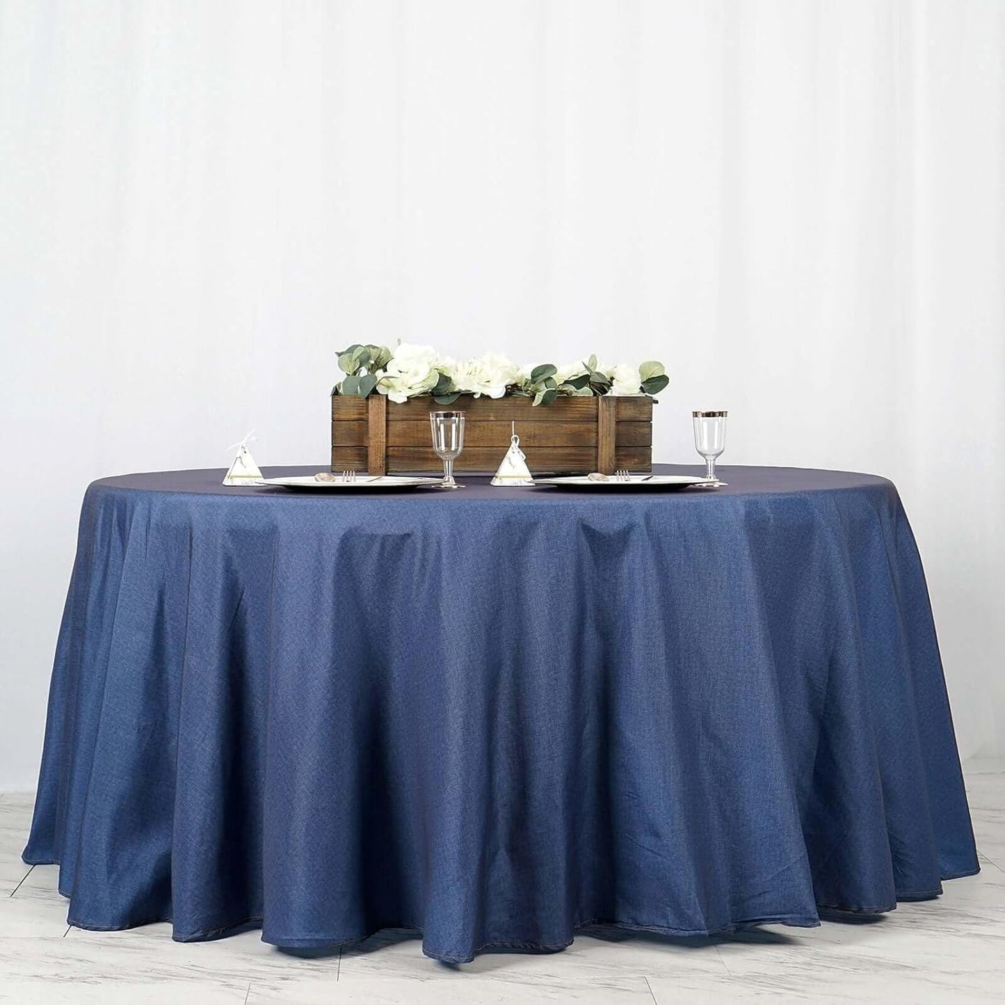 Efavormart 120" Dark Blue Faux Denim Polyester Round Tablecloth for Wedding Party Banquet Restaurant