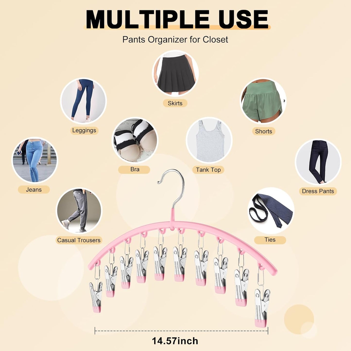 Legging Organizer for Closet, Metal Yoga Pants Hangers 4 Pack w/10 Clips Holds 40 Leggings, Space Saving Hanging Closet Organizer w/Rubber Coated Closet Organizers and Storage, Pink