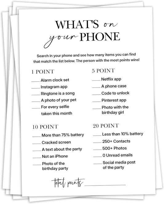 Birthday Party Games, What's on Your Phone, 25 Pcs Card Set for Guests, Fun Birthday Game for Teen Adults – A07