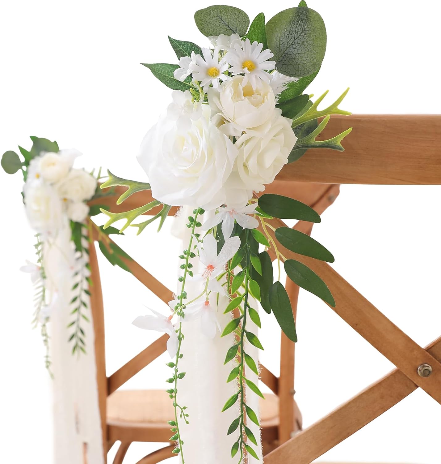 Wedding Aisle Decorations 8pcs Chair Decorations Artificial Flowers for Wedding Ceremony Party Chair Decor with Chiffon Ribbons(White)