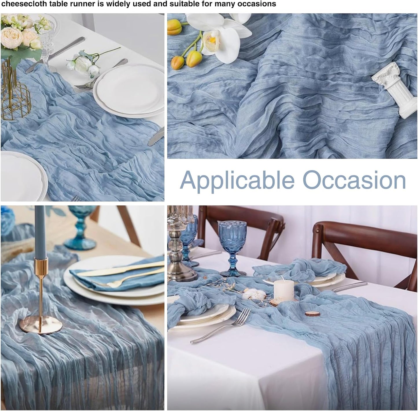 20 Pack Dusty Blue Cheesecloth Table Runner 17x108 Inch Boho Wrinkled Sheer Gauze Cheese Cloth Table Runner Bulk Romantic Decor for Wedding, Bridal Shower, Birthday Party