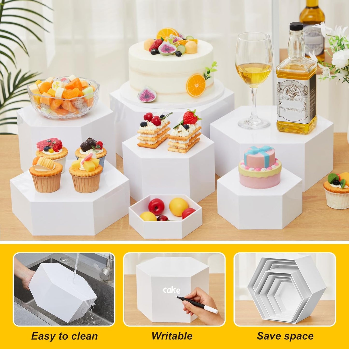 Leinuosen 7 Pcs Large Buffet Risers Set 6" to 12" Acrylic Display Box Catering Dessert Table Riser Food Display Decorative Stand with Hollow Bottom for Catering Supplies(White, Hexagonal)