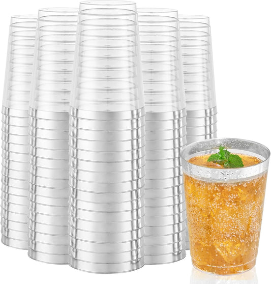 I00000 200 Pack 12 oz Silver Plastic Cups, Silver Rimmed Disposable Cups, Plastic Party Wine Glasses Cocktail Glasses Heavy Duty Cups with Silver Rim, 12 Ounce Tumblers For Party