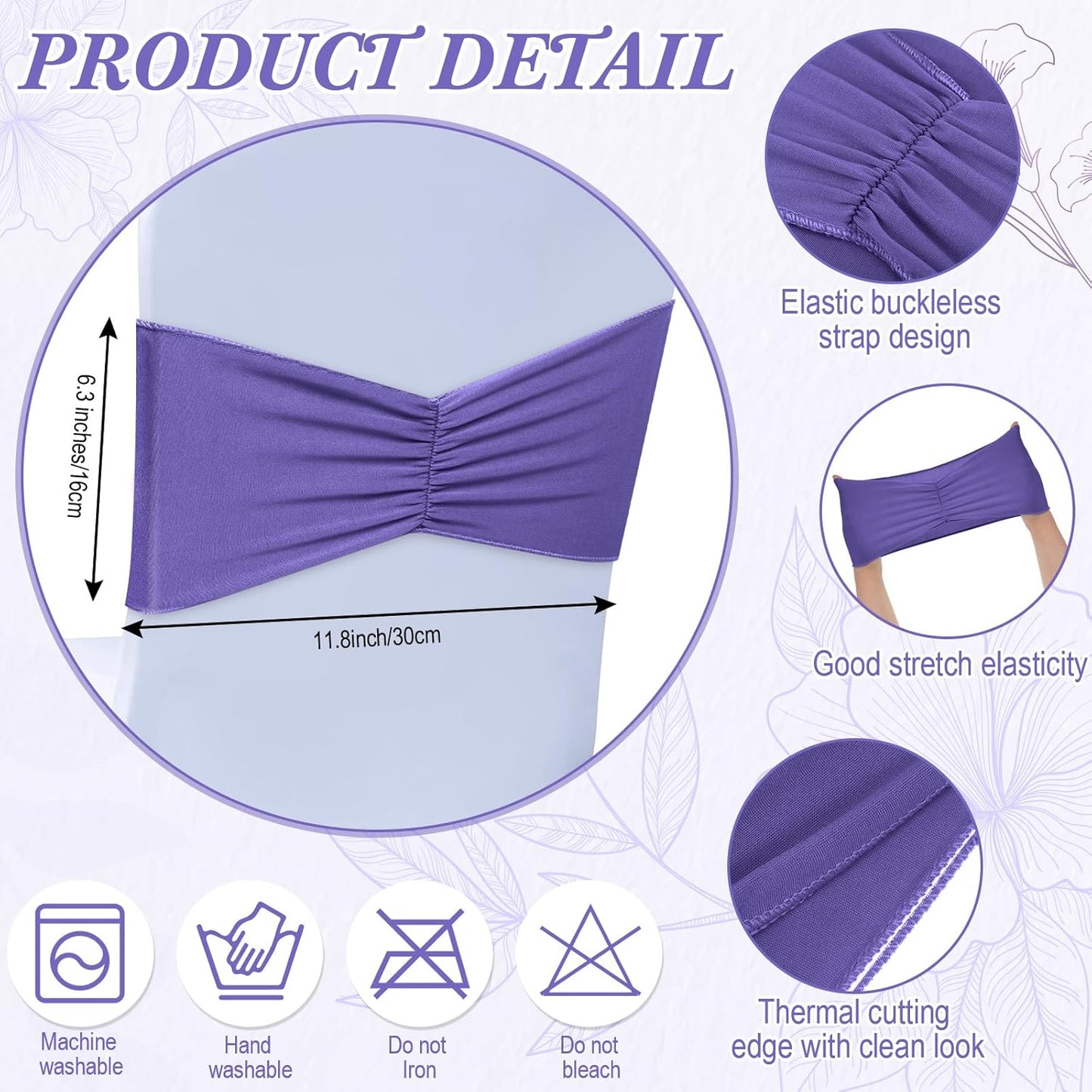 Moukeren 100 Pcs Spandex Chair Sashes Bows Bands Slider Sashes for Chair Covers Elastic Bands Ties Ribbon Decorations for Wedding Party Events Ceremony Birthday Banquet(Lavender Purple)
