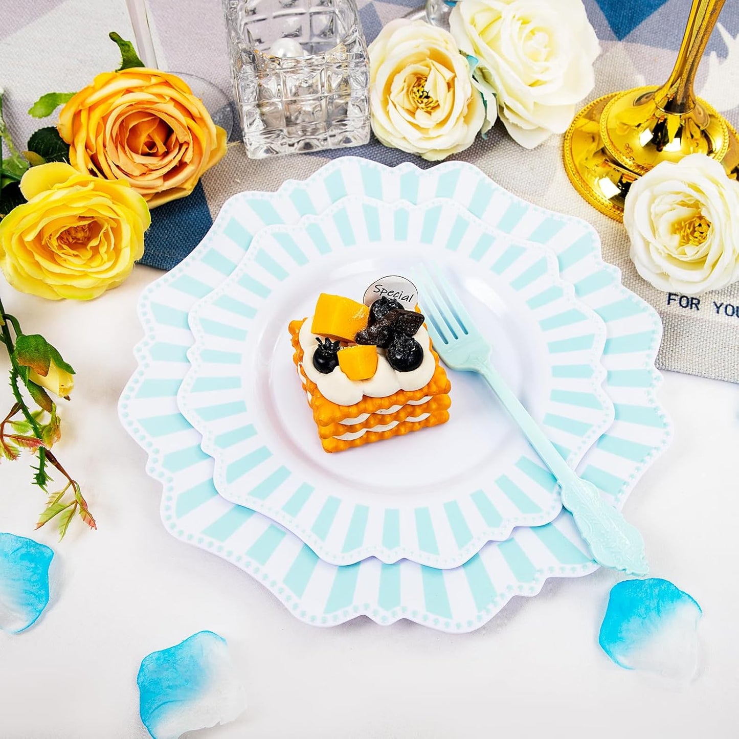 COLOSUS 150pcs Disposable Blue and White Striped Easter Plastic Party Plates and Silverware set, Light Blue Dinner/Dessert Plates silverware serve 30guests for Birthday Wedding Party and Daily use.