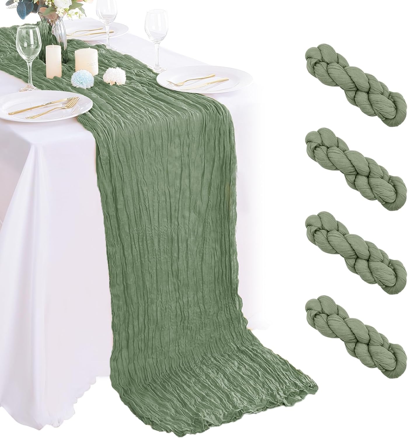 4 Pack Sage Green Cheesecloth Table Runner 35x120 Inch Boho Gauze Fabric Cheese Cloth Table Runner 10Ft Rustic Romantic Sheer Table Runners for Wedding Party Bridal Baby Shower Long Table Decoration