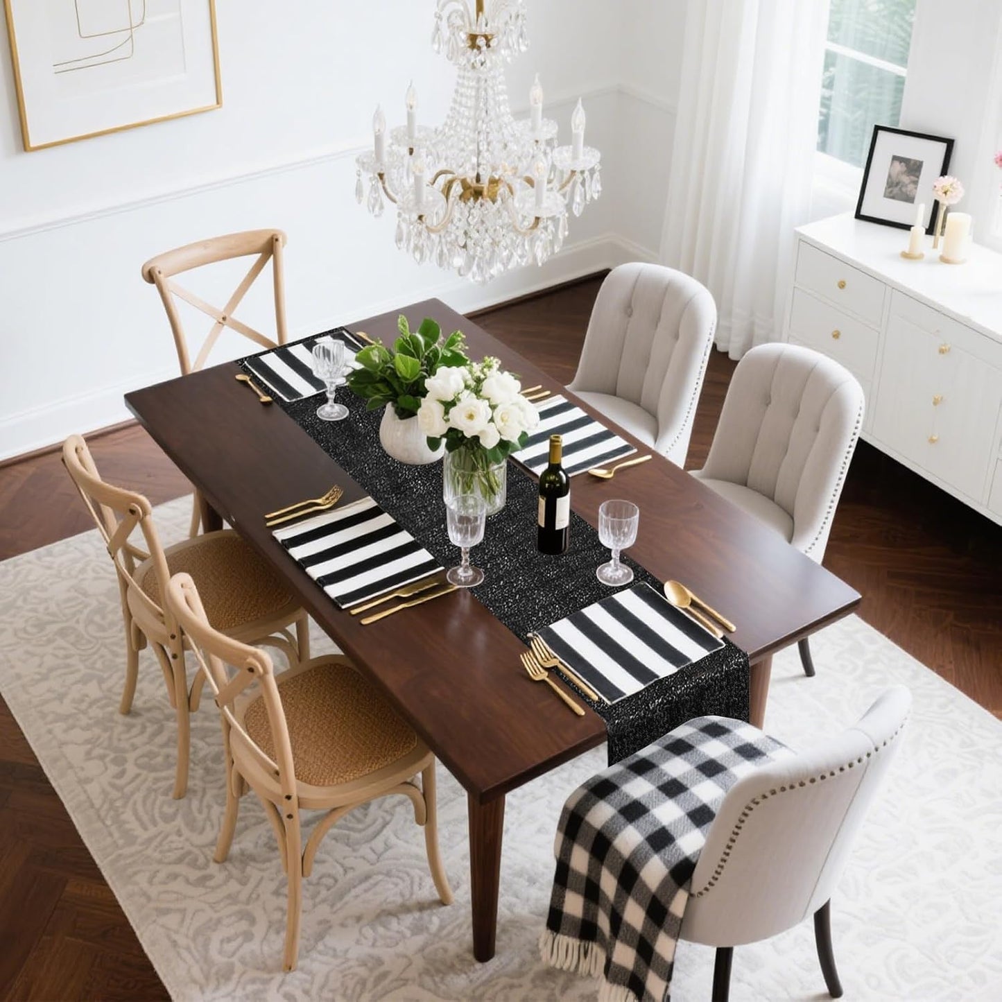 2 Packs 12 x 72 inches Sequin Table Runner, Black Glitter Table Runner for Birthday Party Supplies Wedding Engagement Baby Shower Holiday Celebration Event Decorations