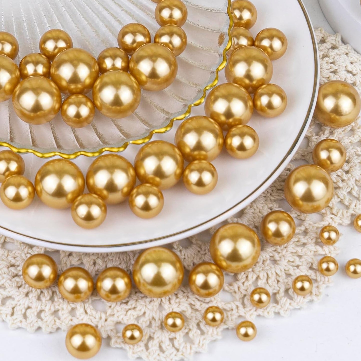 300Pcs Gold Polished No Hole Faux Pearl Beads for Vase Filling Decorations, Plastic Pearls Vase Fillers, Table Scatters, Wedding Centerpiece, Home Decor, 8/14/20 mm