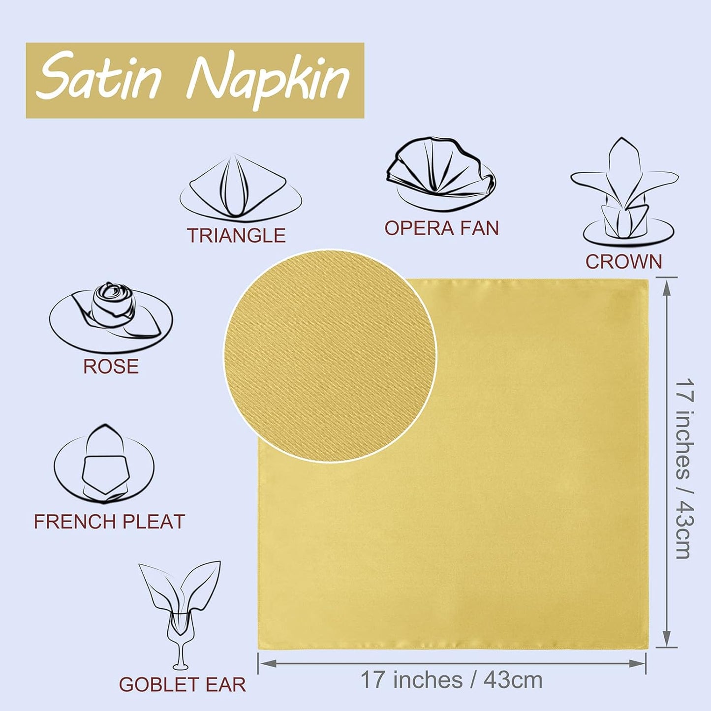 Horbaunal 16 Pack Gold Satin Napkins 17 x 17 Inch, Square Soft Table Dinner Napkins, Silky Cloth Napkins Table Decoration for Weddings Banquets Parties