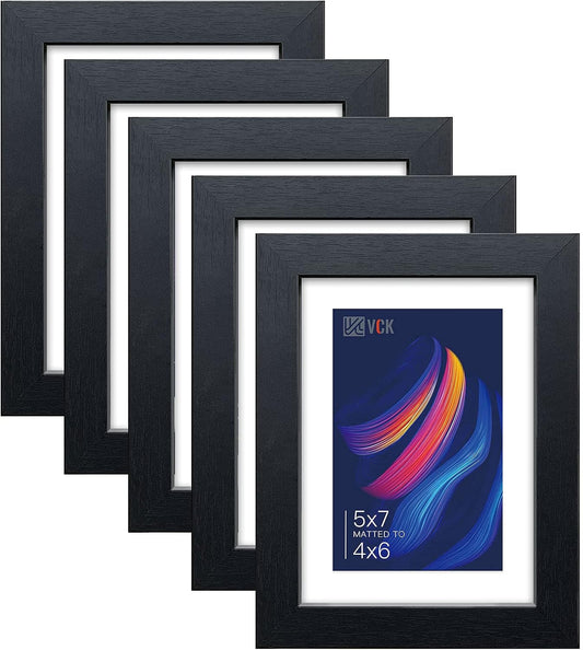 VCK 5x7 Picture Frame Black Set of 5, Textured Exclusive Wooden Photo Frames with HD Glass | Matted to 4x6 or 5x7 without Mat