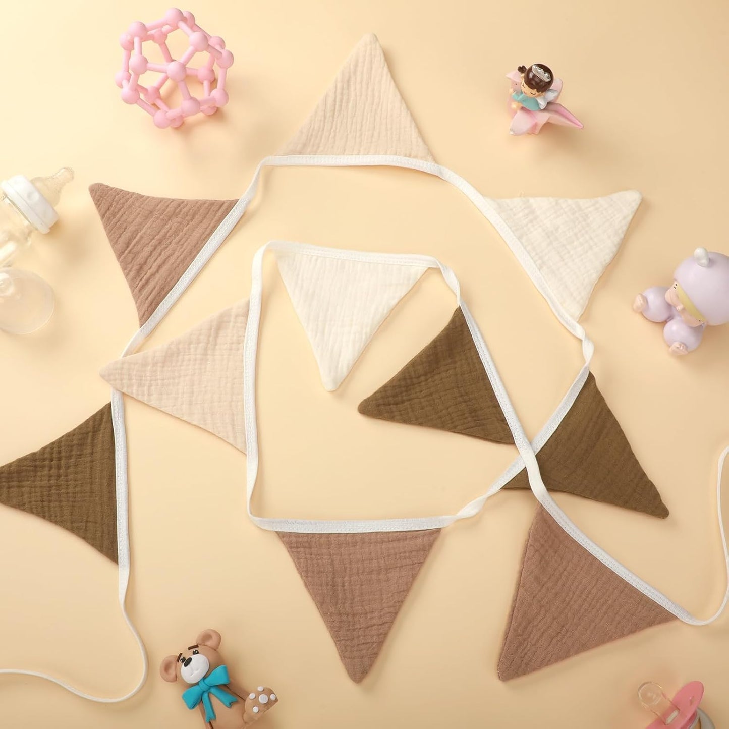 Oudain 15.5 ft Pennant Banner Flags, 2 Pcs Nursery Garland Triangle Bunting Flag Baby Banner for Nursery Decor Baby Birthday Boho Wedding Shower Party Event, Each 7.75 ft(Khaki Colors)