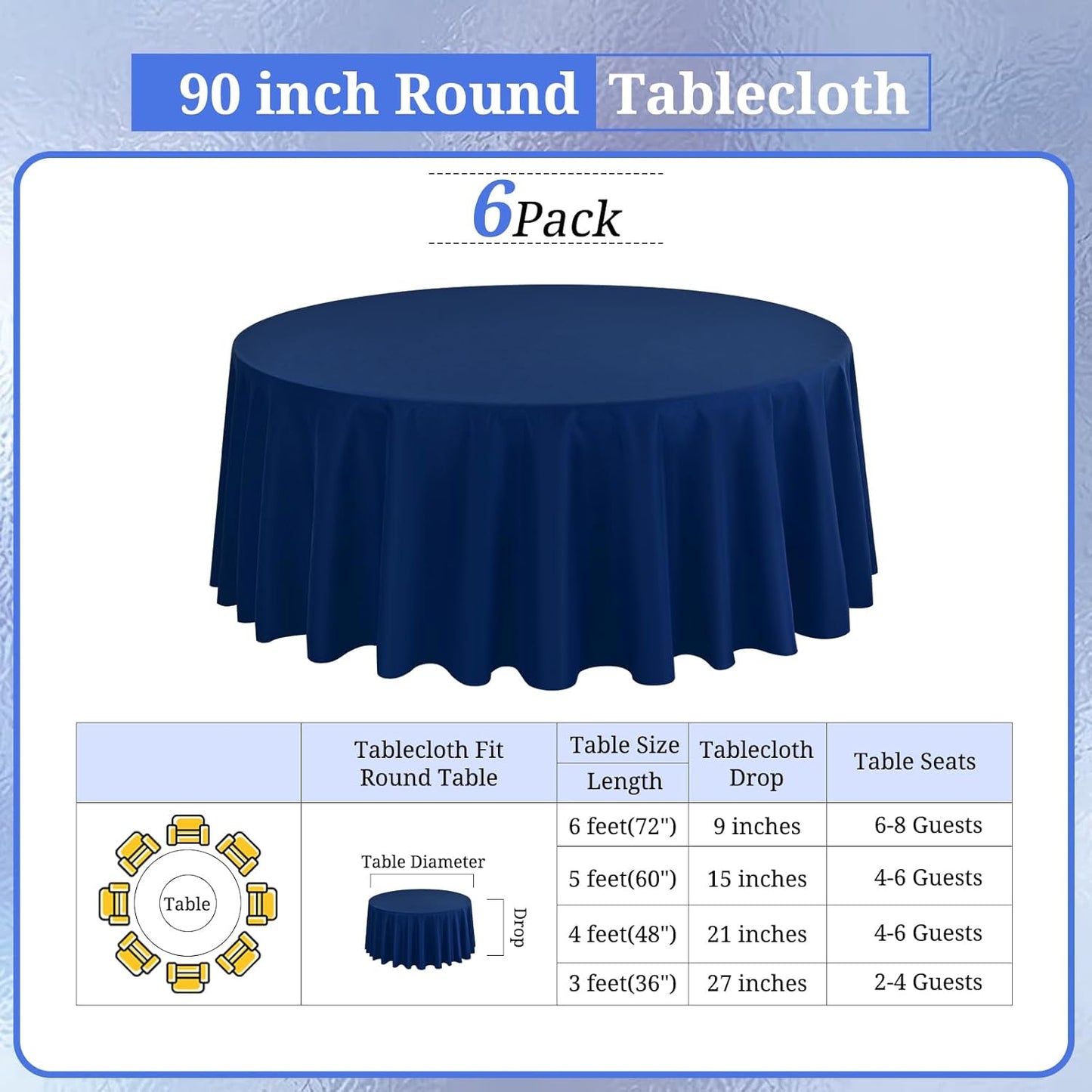6 Pack Round Tablecloths - 90 Inch, Navy Blue Polyester Table Cover, Stain and Wrinkle Resistant Washable Fabric, Wedding Banquet Parties