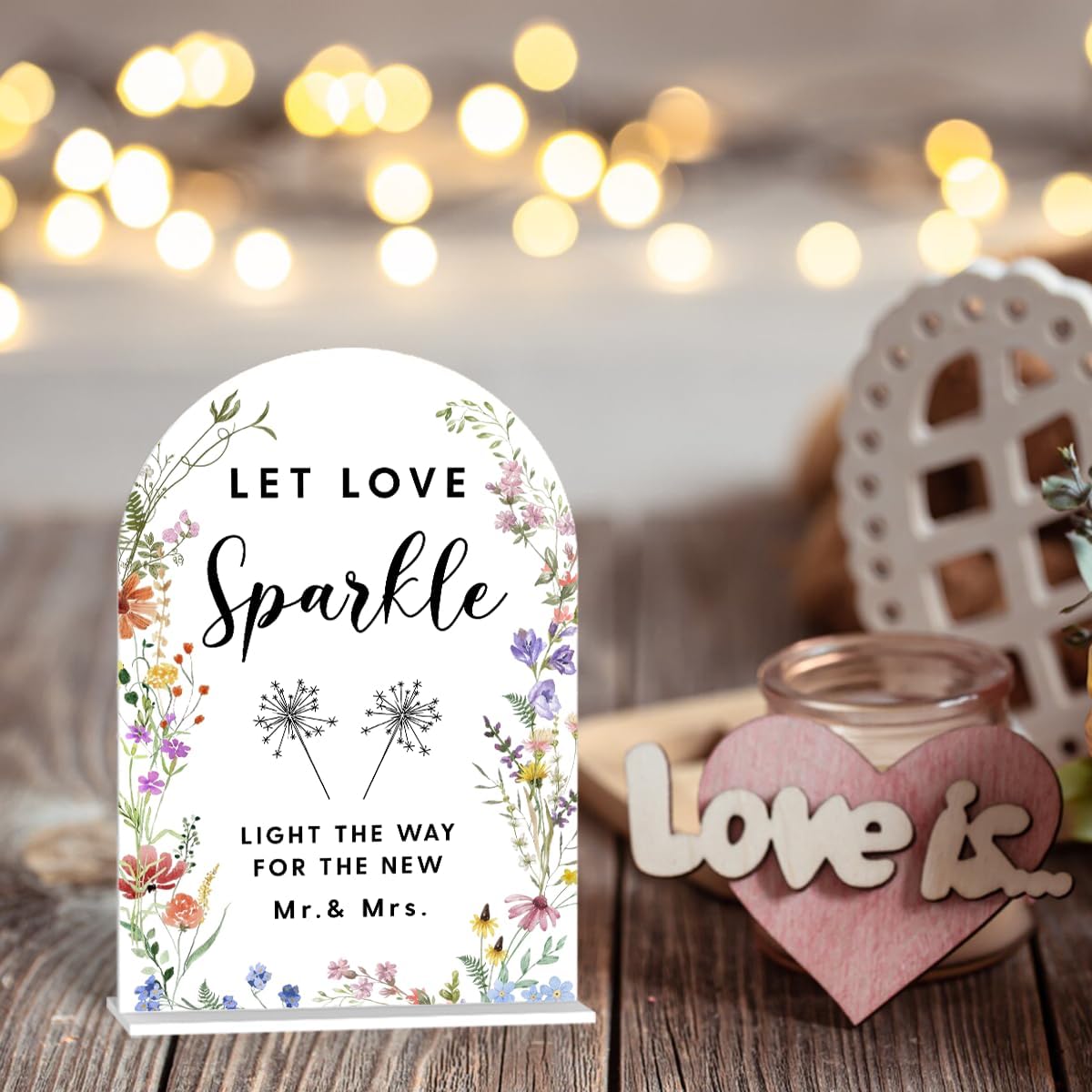 Acrylic Wedding Signs, Let Love Sparkle Signs for Marriage Reception, Bridal Shower Decorations, Modern Arched Round Top Acrylic Table Top Sign with Holder for Wedding Party (White Wildflowers)