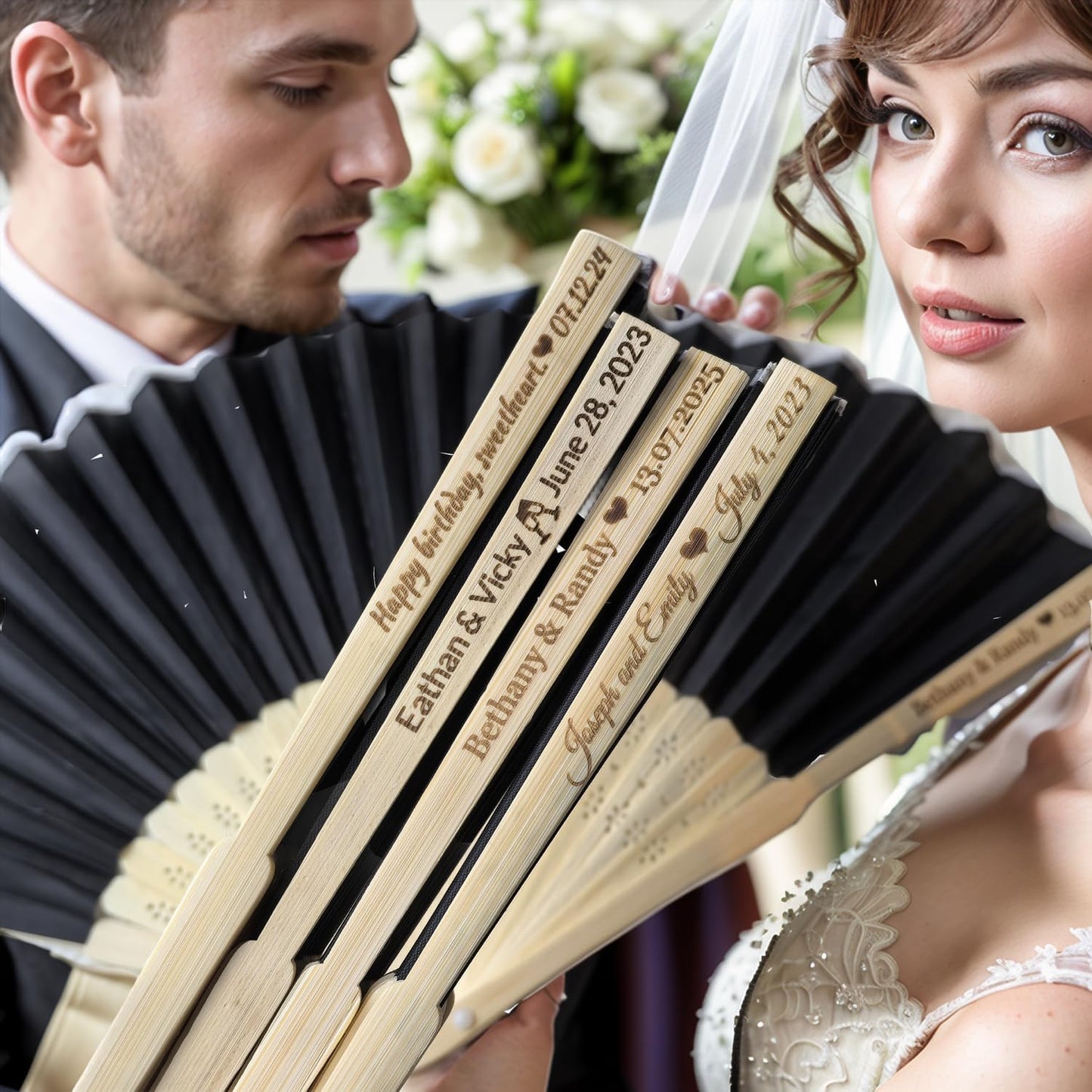25Pcs Personalized Silk Fans Folding Hand Fan, Custom Wedding Bridal Party Favors, Summer Wedding Bride, Wedding Gift, Thank You Gift (Black)