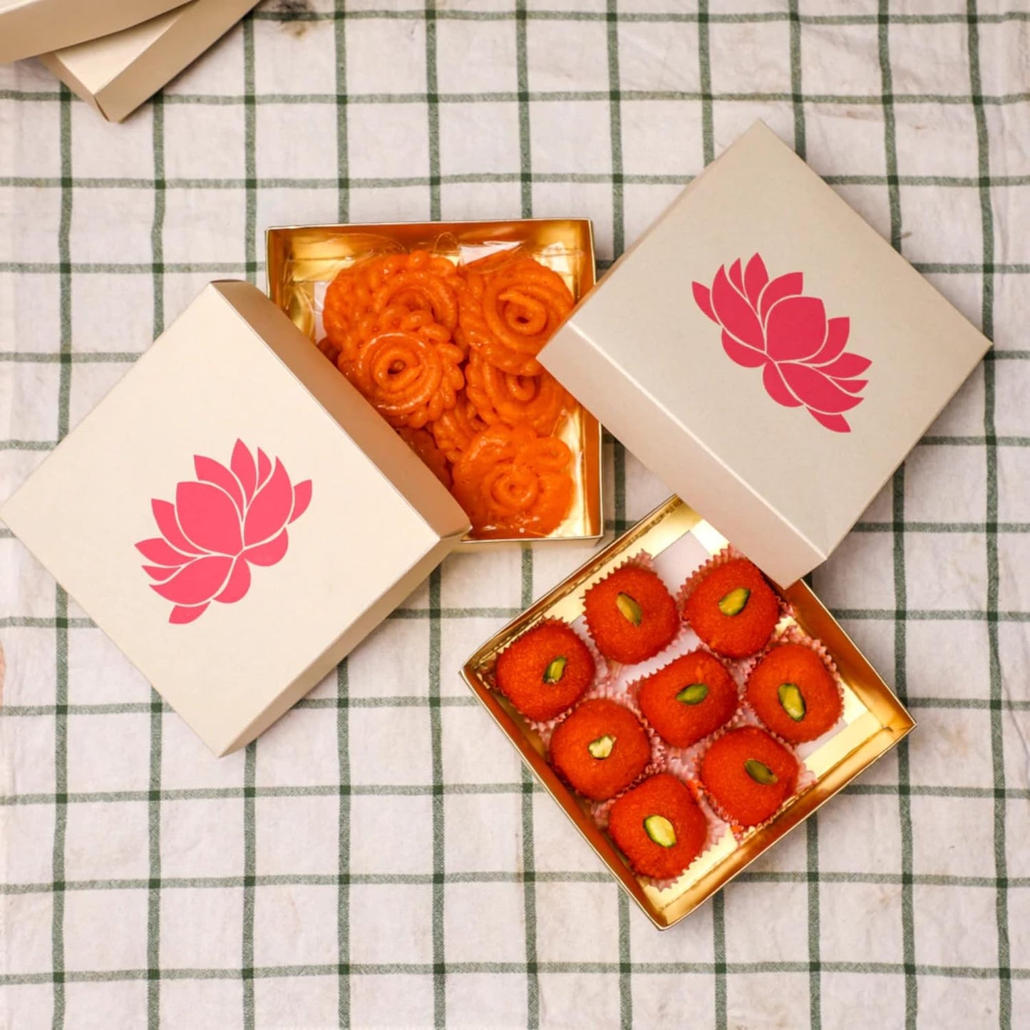 Lotus Printed White Sweet Boxes for Indian Sweets, Cookies, Goodies, Mithai, Candy, Gift Boxes with Lids Bulk, Handmade Bulk Mithai Box, Favor Boxes for Wedding, 2.95x5.51 Inch (Pack of 4)