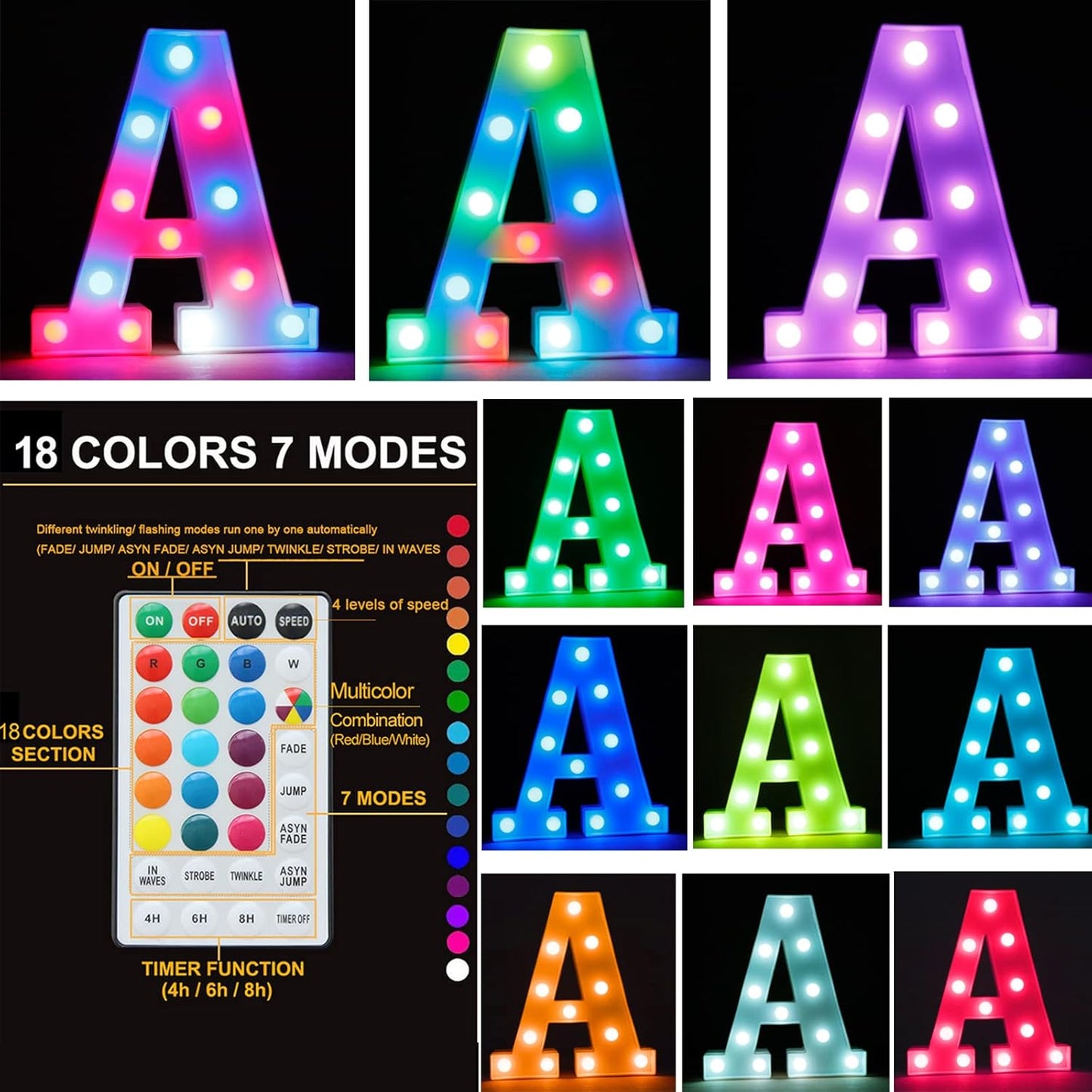 Light Up Colorful LED Marquee Letter lights, 18 Colors Changing Alphabet Letters Sign with Remote Timer for Night Light Girls Bedroom Wedding Birthday Party Lamp Christmas Home Bar Decor- Colorful U