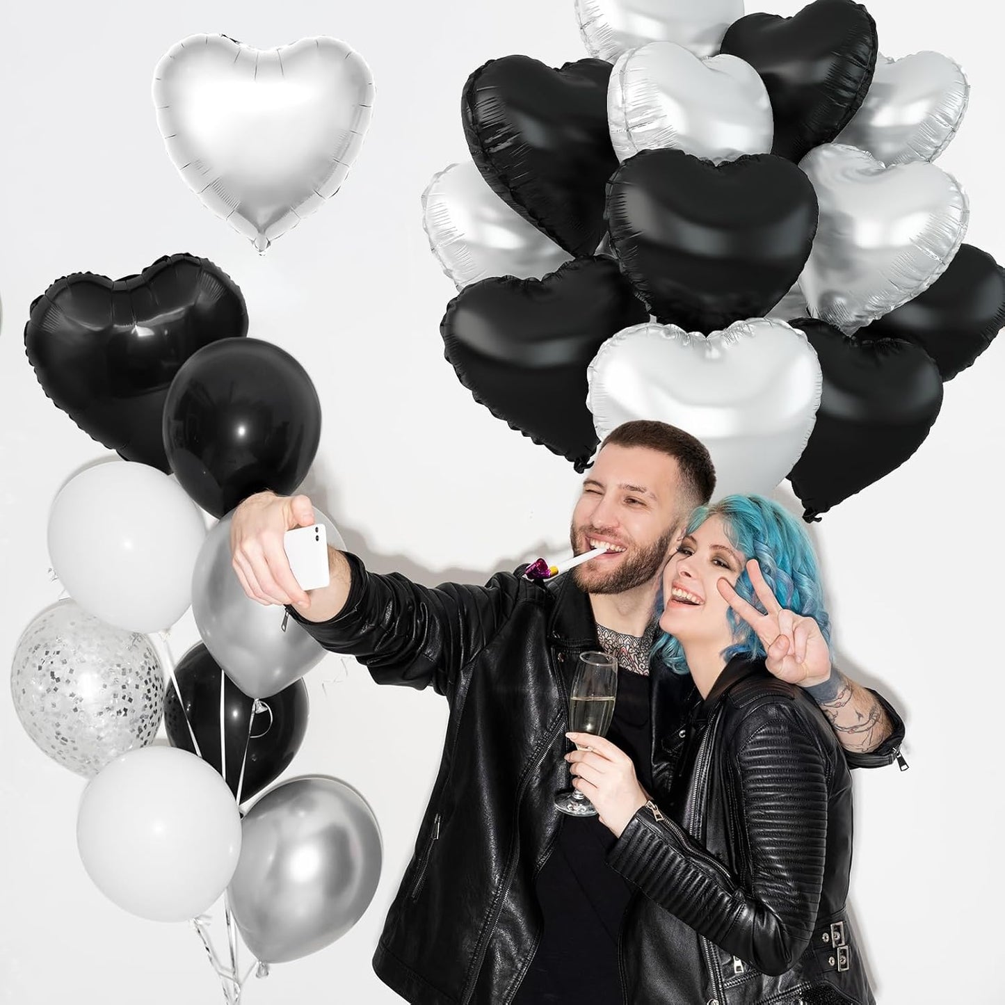 Black Silver Heart Balloons,12Pcs 18Inch Silver Black Heart Shaped Foil Helium Balloons for Baby Shower Birthday Anniversary Wedding Engagement Party Decorations