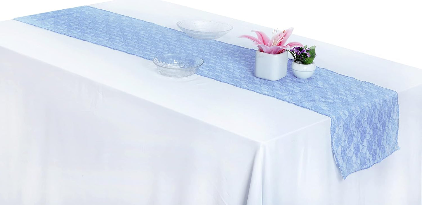 MDS Pack of 20 Wedding 12 x 108 inches Lace Table Runner for Wedding, Decorations for Birthday Parties, Banquets, Graduations, Engagements, and Runners fit Rectangle, Round Table- Baby Blue