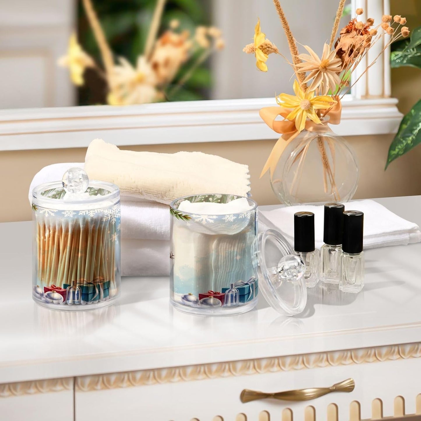 Gredecor Christmas Winter Qtip Holder Dispenser 2 Pack Snowman Snowflake Pine Cones Gifts Bathroom Decorative Storage Canister Holder Counter Vanity Organizer for Cotton Ball Swabs Pads Floss