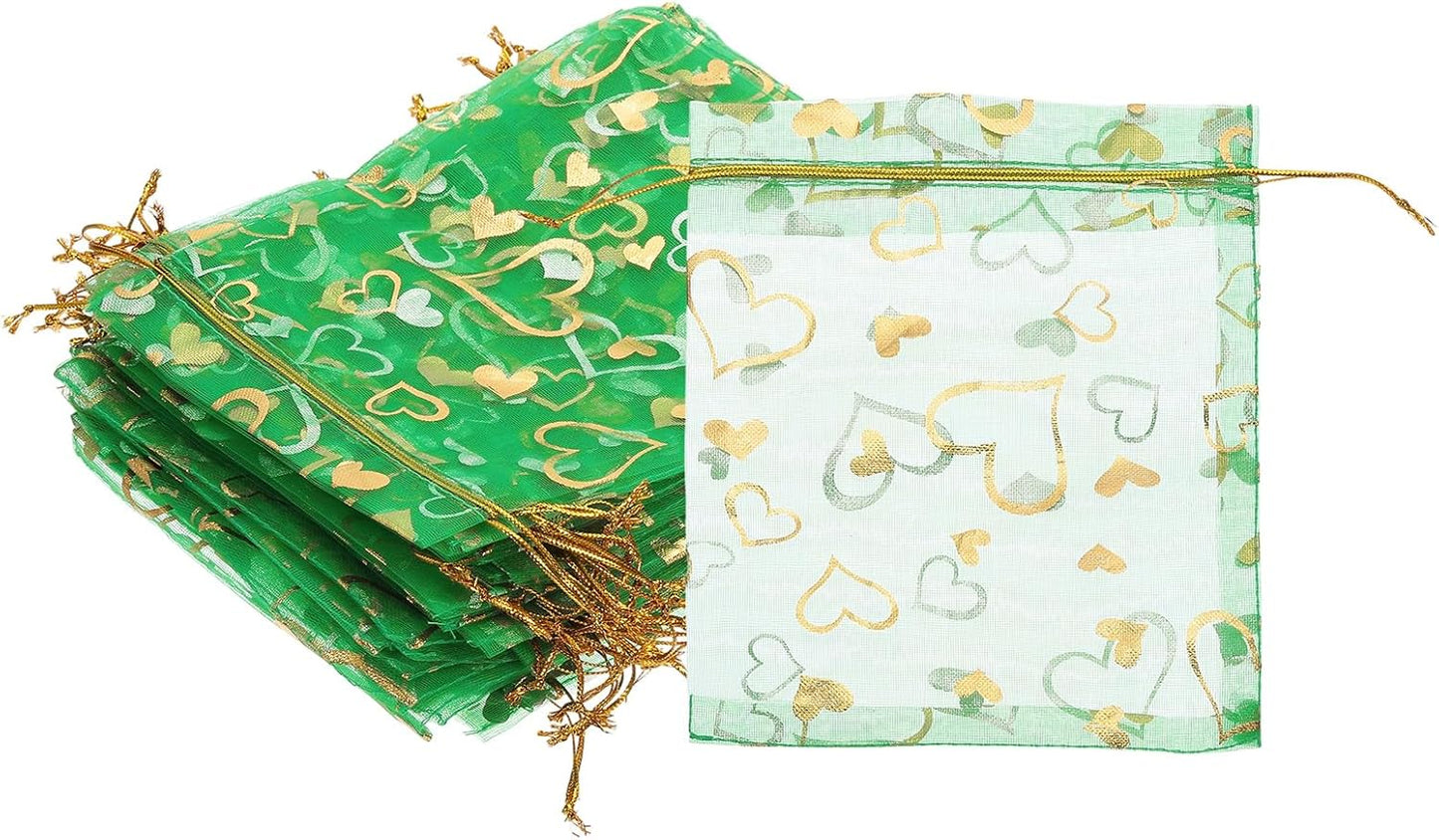 PATIKIL 100 Pcs 5x7 Inch Heart Printed Organza Bags, Green Sheer Heart Organza Bags with Drawstring for Christmas Candy Jewelry Party Wedding Favor Gift