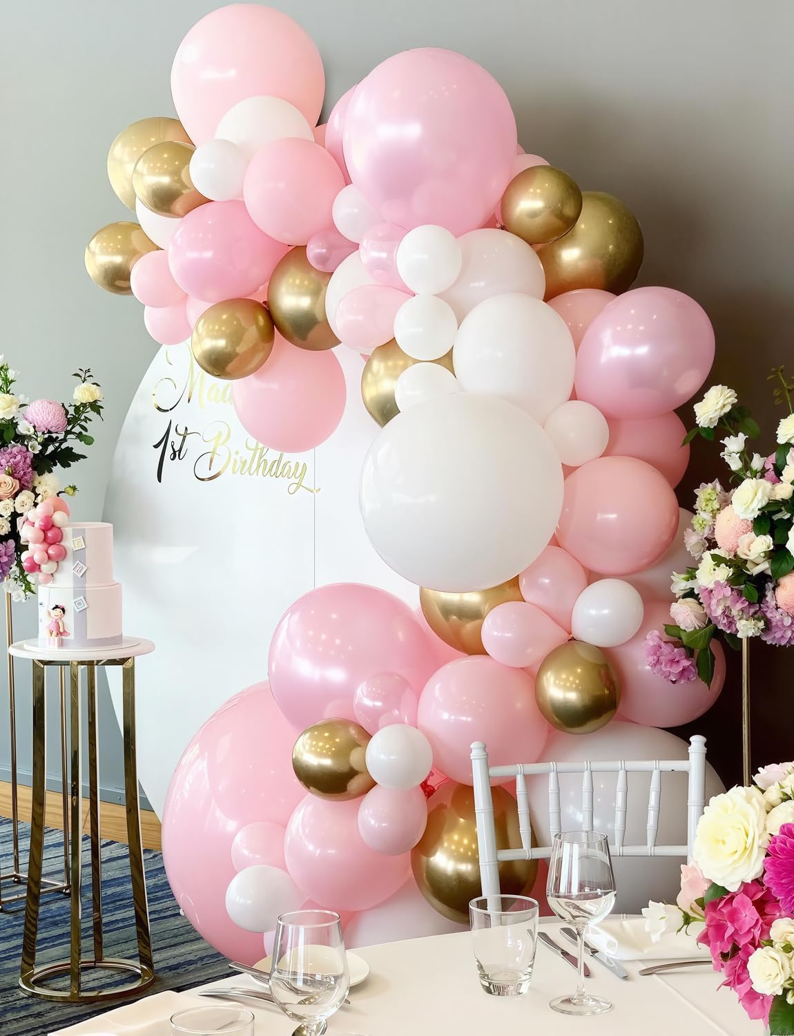 Pink and Gold Balloons Set - 12 Inch Light Pink White Balloons Shiny Metallic Gold Balloon Glitter Confetti Latex Balloon for Girl Women Princess Baby Shower Birthday Wedding Party Decorations