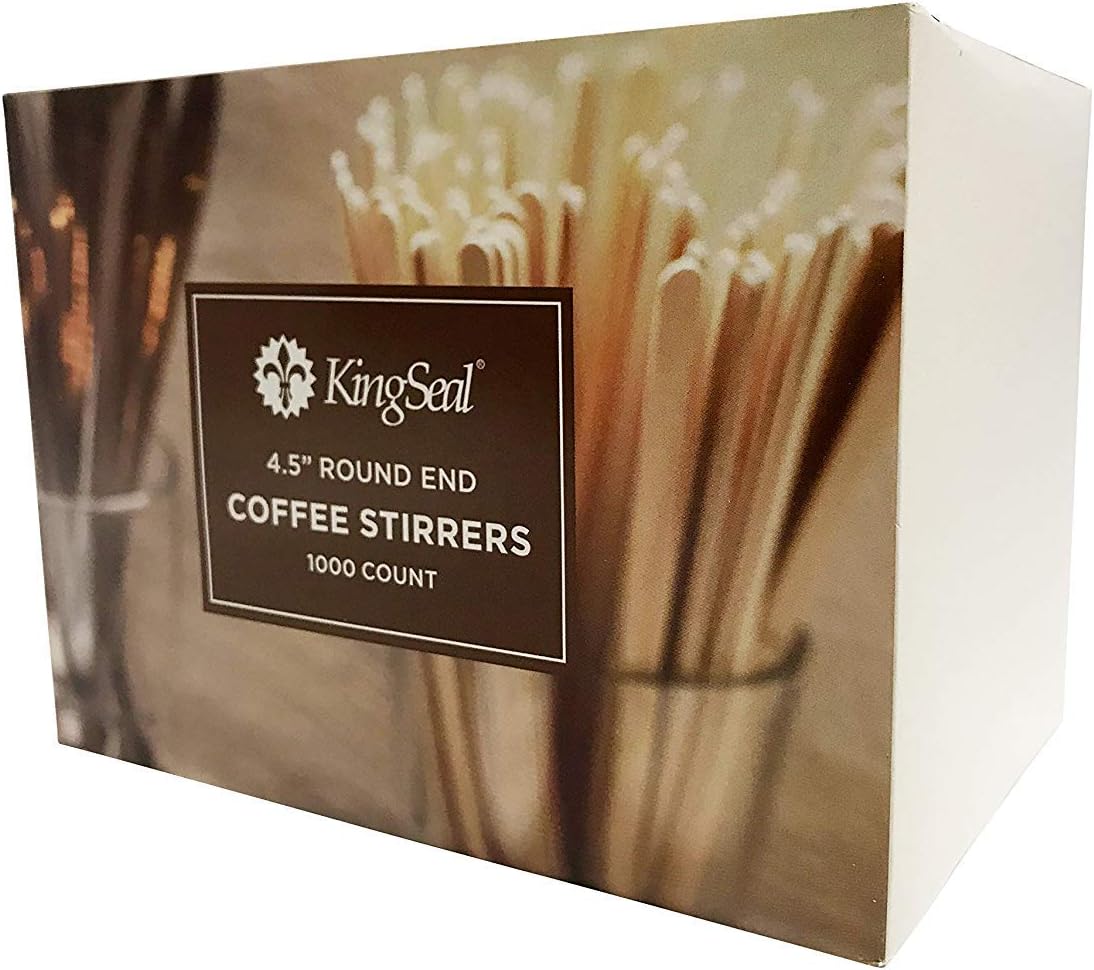 1000 Count | KingSeal Natural Birch Wood Coffee Beverage Stirrers, Stir Sticks, Waxing Sticks, Popsicle Sticks, 4.5 Inches, Round End - 1 Box of 1000 Stirrers