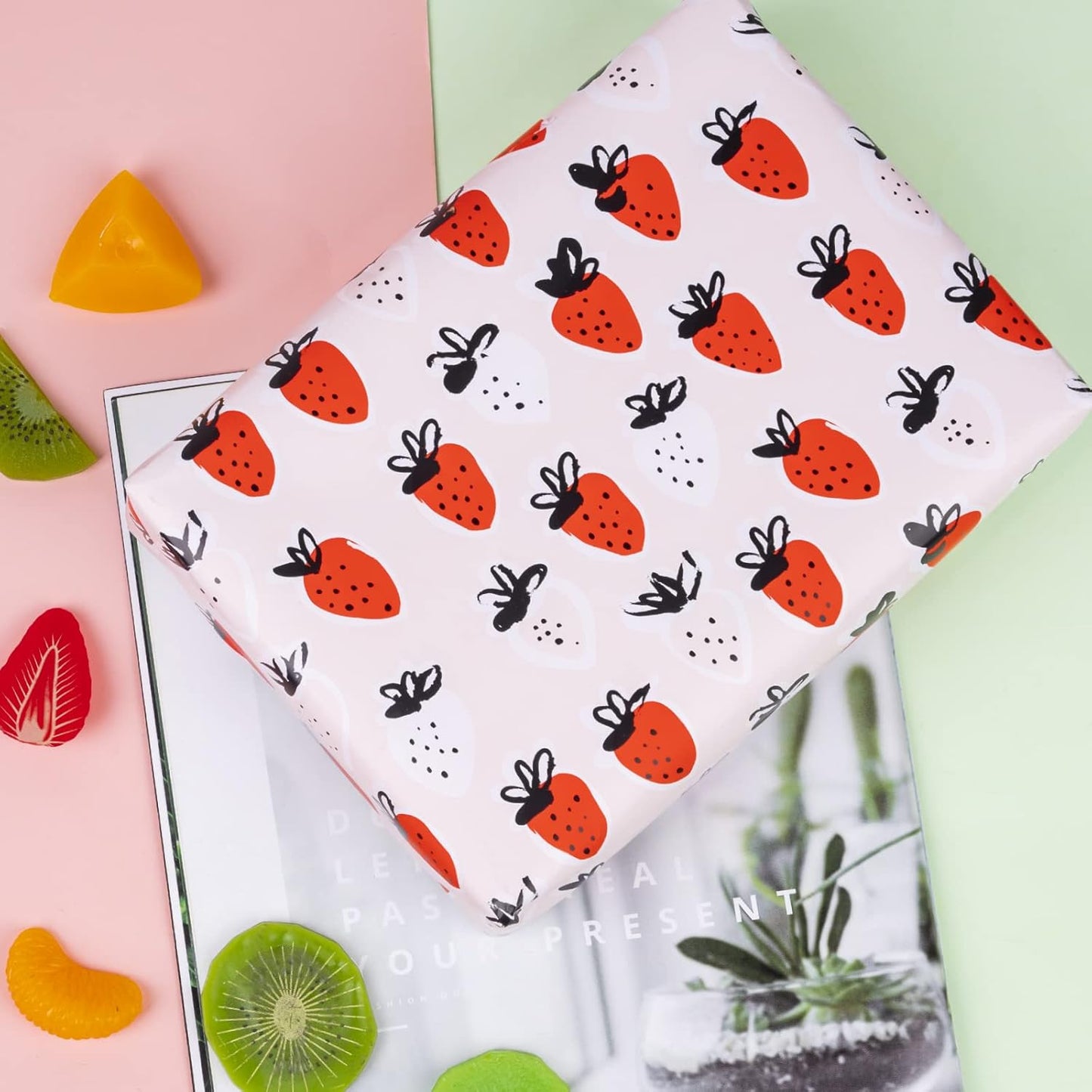 WRAPAHOLIC Reversible Strawberry Wrapping Paper - Mini Roll - 17 Inch X 33 Feet - Sweet Strawberry Design, Perfect for Birthday, Holiday, Wedding, Baby Shower